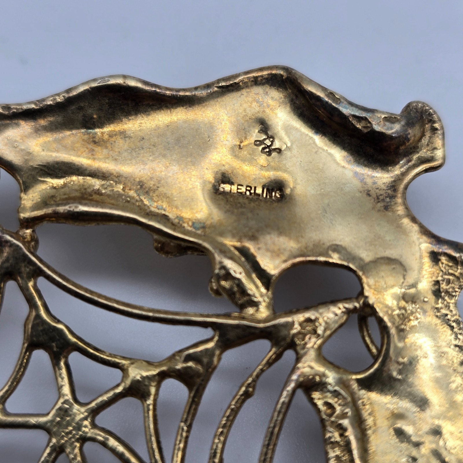 VTG Abstract Brutalist Spider Web Gold over Sterling Pearl Pendant Earrings Set
