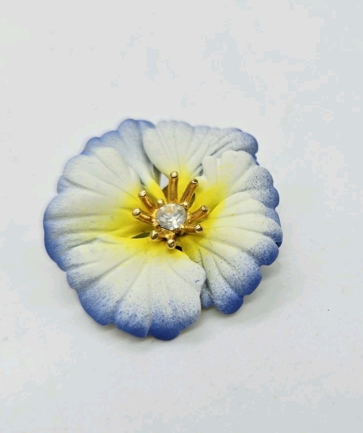 Joan Rivers Brooch White Blue Yellow Pansy Rhinestone Flower Pin Vintage