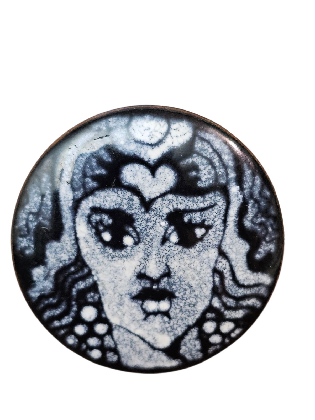 Vintage Handmade Enamel Art Brooch Woman Portrait Black White Round Pin…