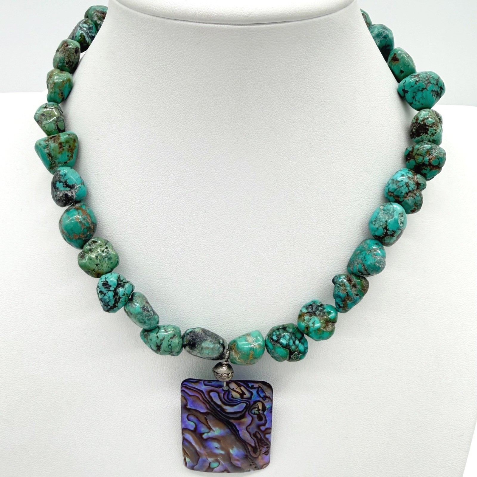 Vintage Turquoise Nugget Statement Necklace Abalone Pendant