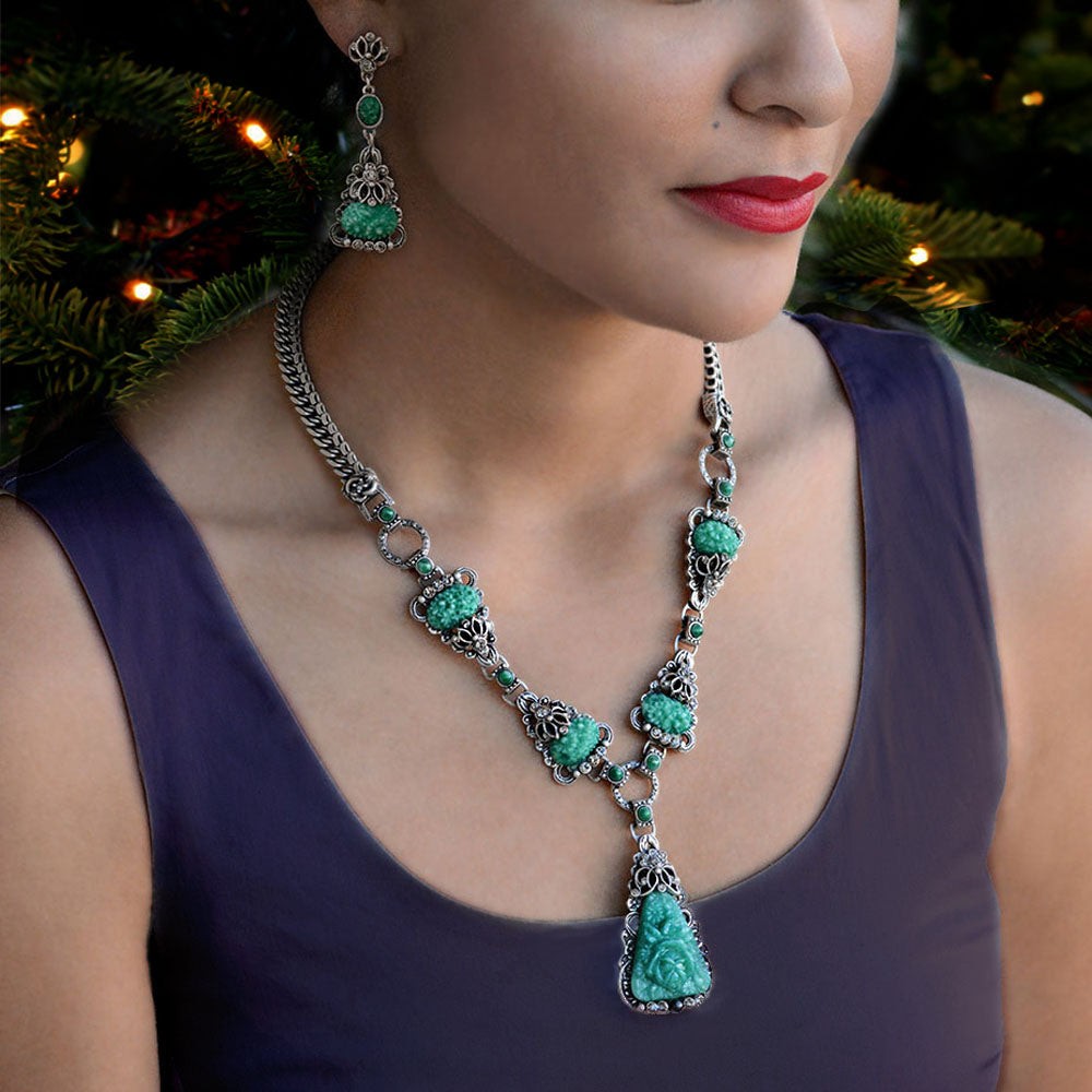 Art Deco Vintage Green Jade Glass Necklace and Earrings N1095