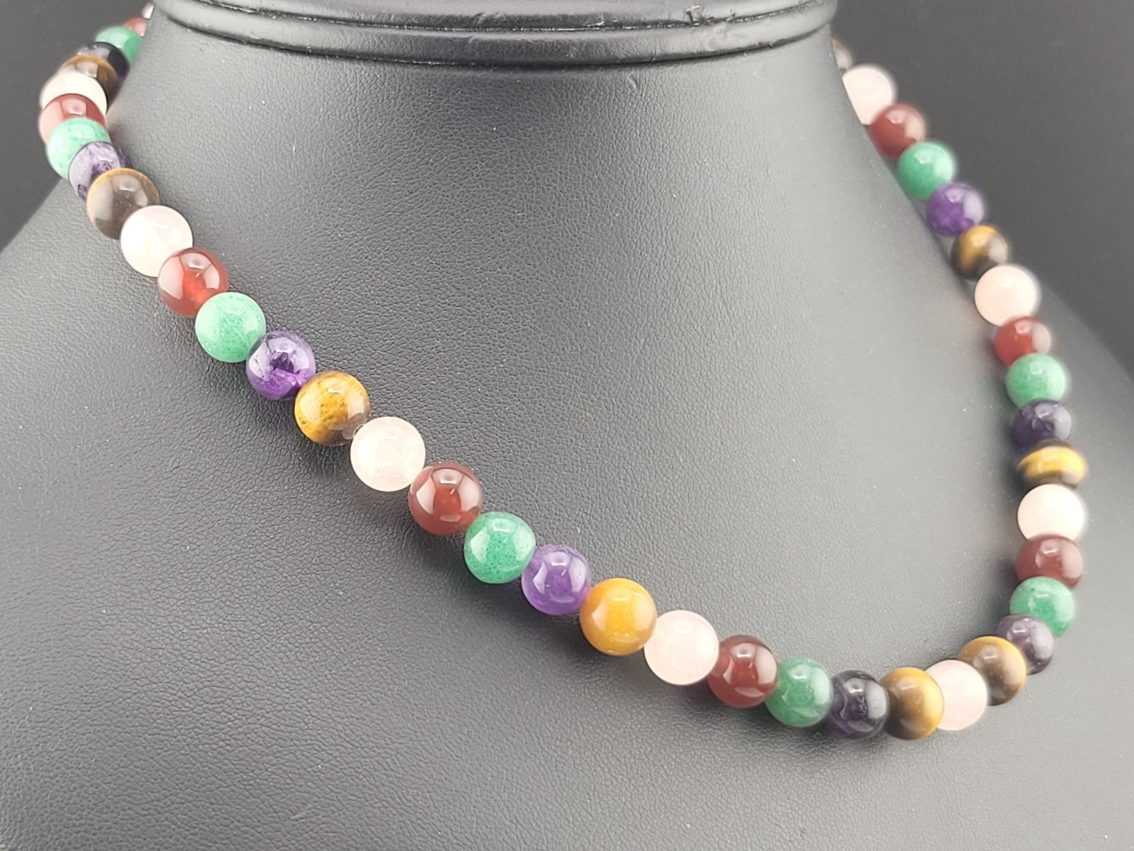 Multi Color Rose Quartz Tiger Eye Jade Amethyst Stone Beads 17″ Necklace