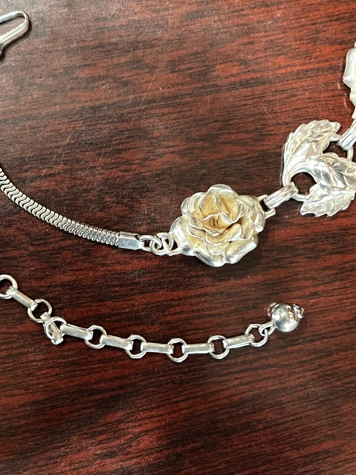 Vtg. Danecraft Sterling Silver Rose & Leaves Necklace 15″-17″ 35.2 Grams