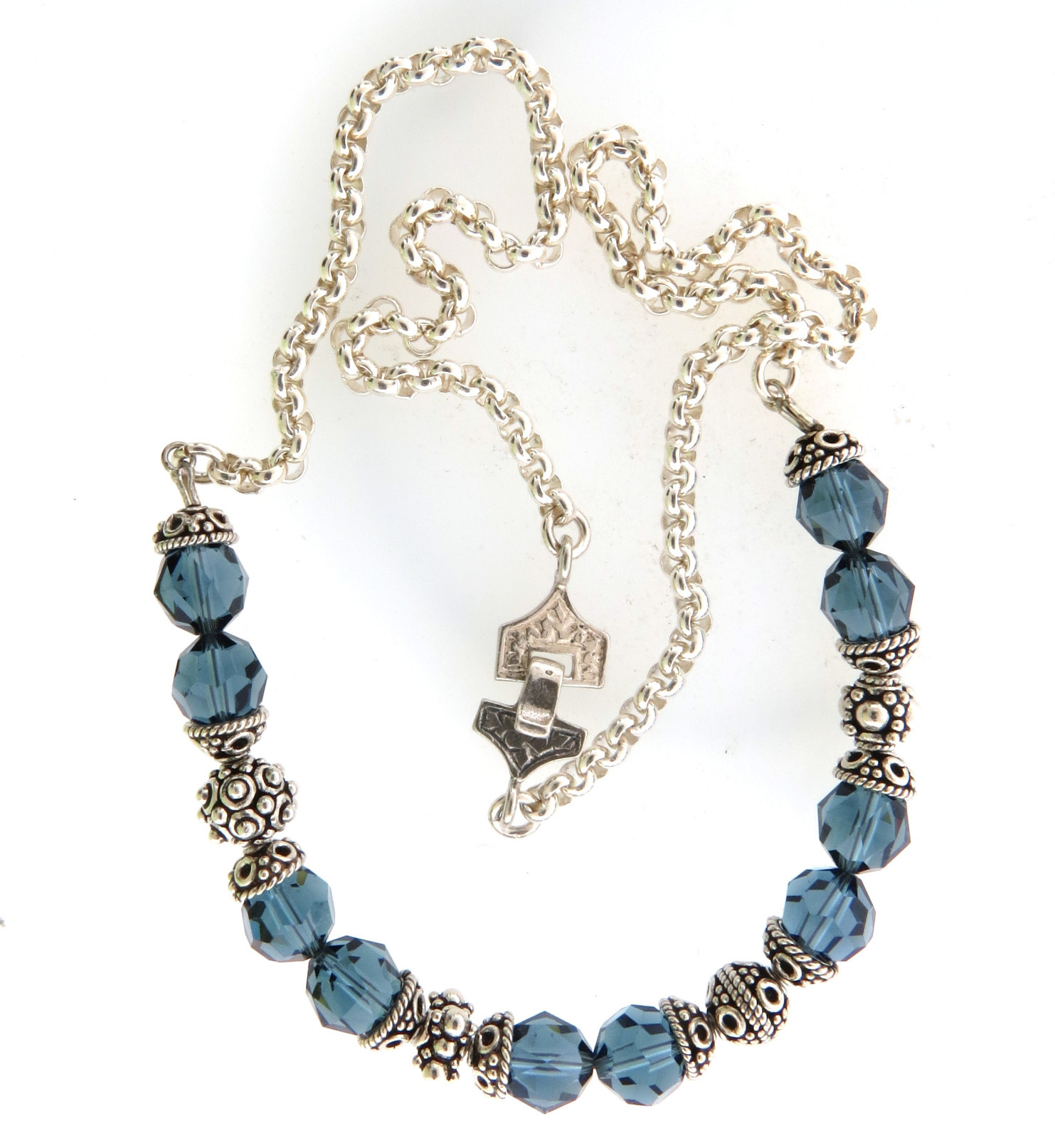 Sterling Silver Blue Crystal Beaded Necklace 10mm 17.5″