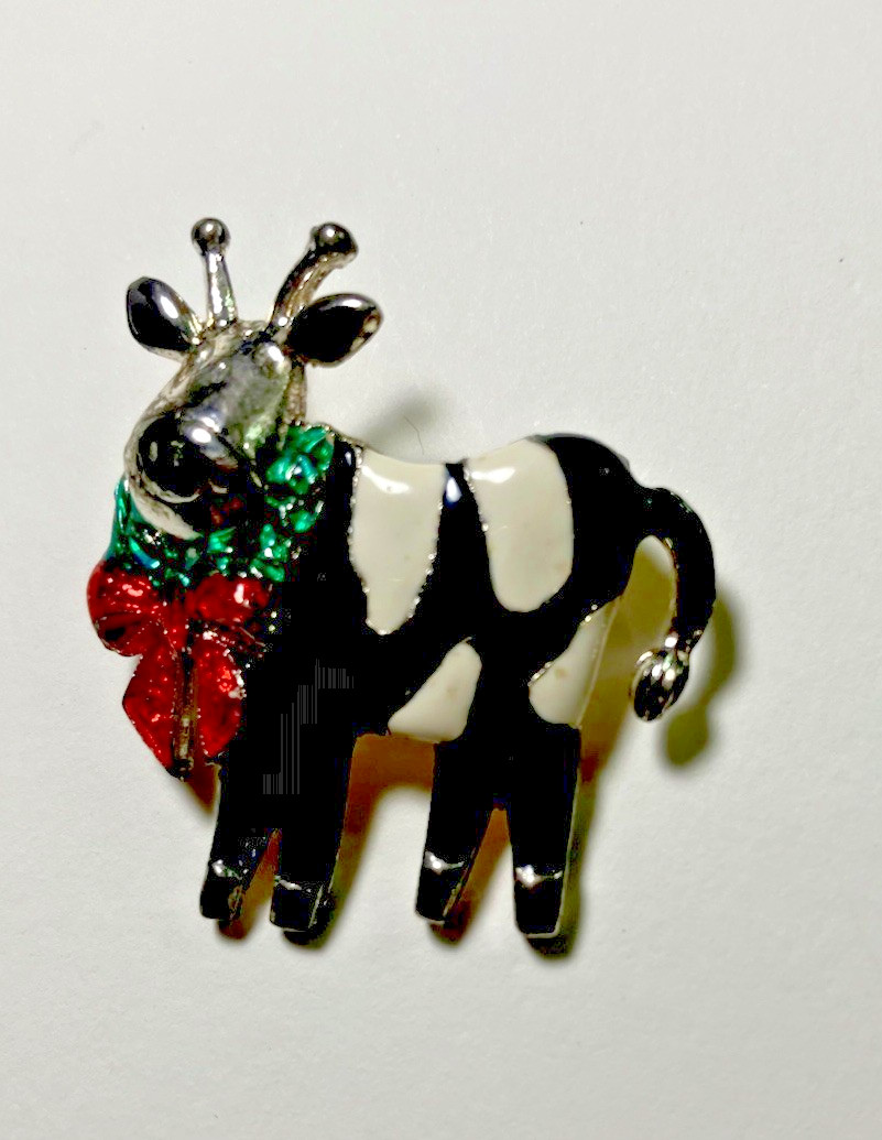 Vtg Signed T C Silver Metal Base Brooch Black & White Enamel Holstein Cow