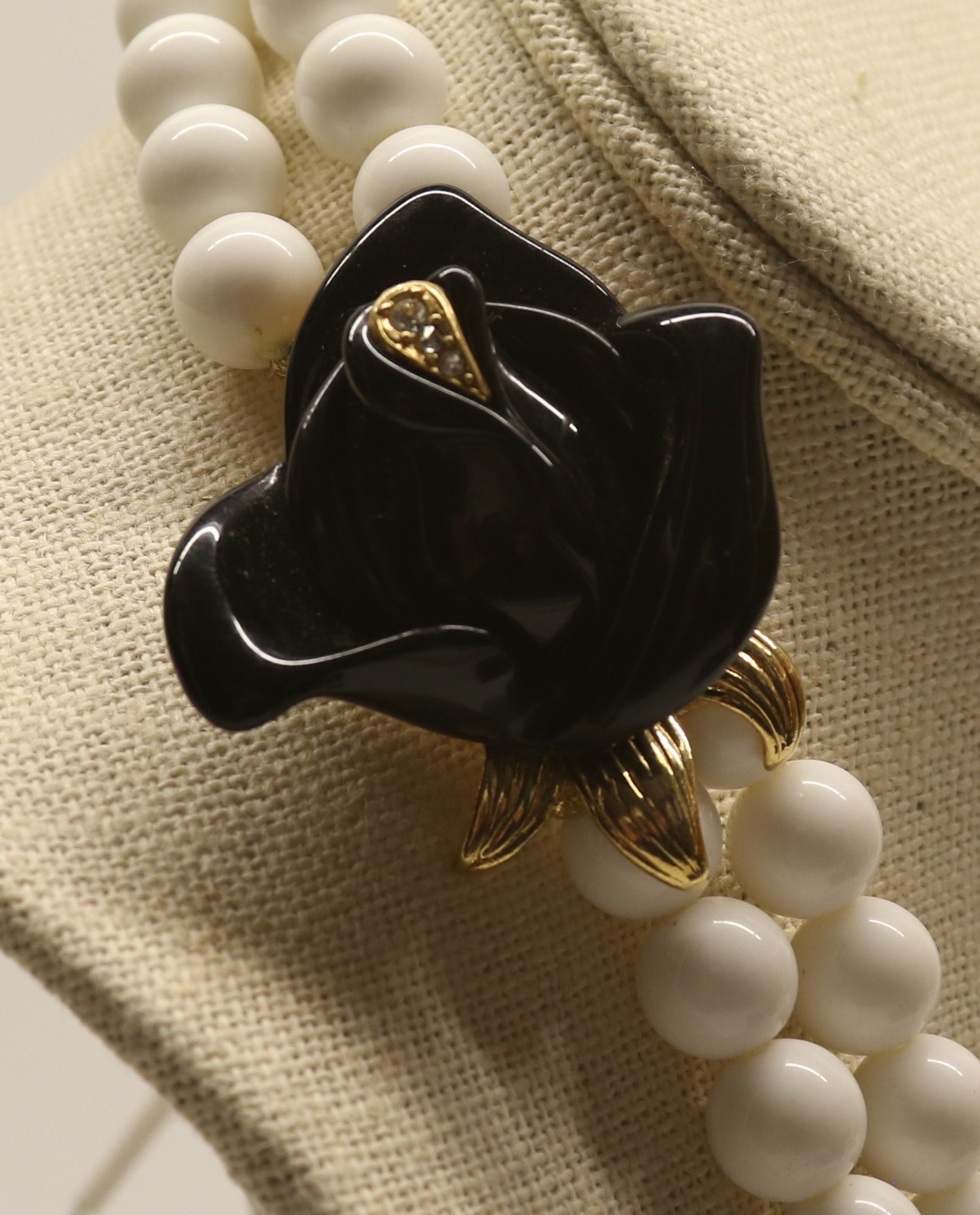 1980s KJL For AVON Signed Black Midnight Rose White Beaded Statement Necklace