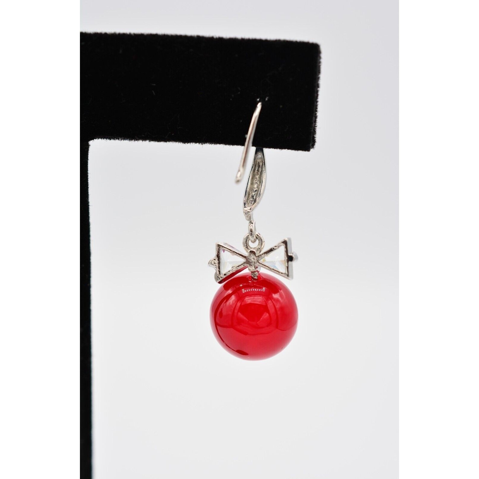 Vintage Dangle Earrings Crystal Bezel Bow Red Ball Drop Round 1990s BinAO