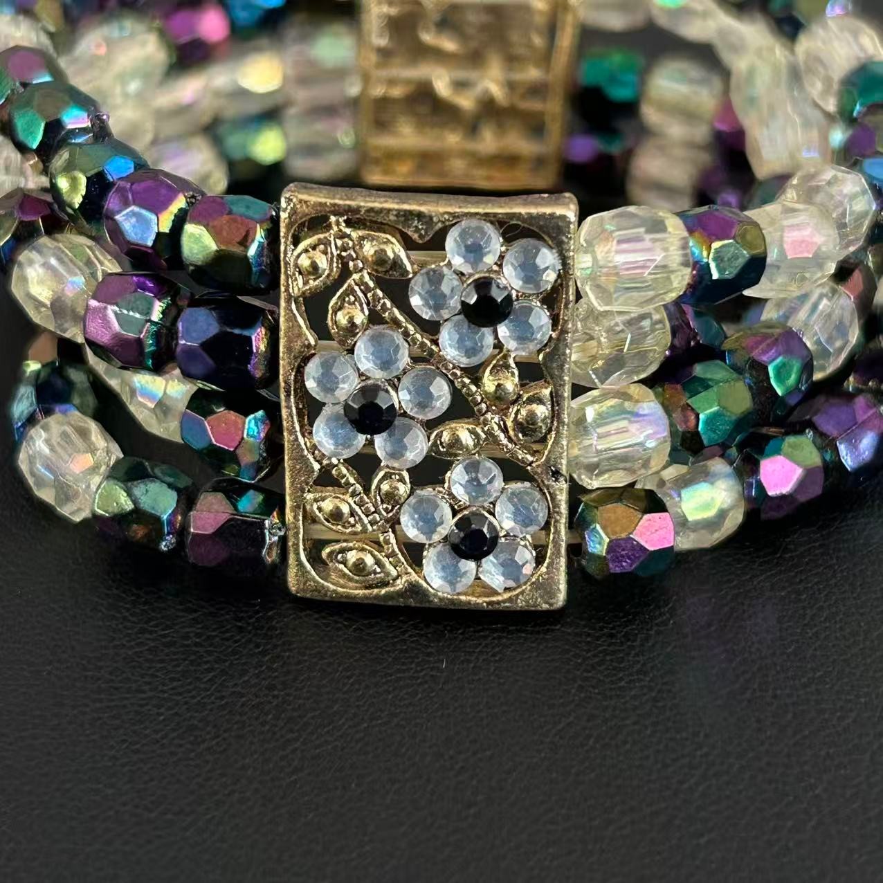 Vintage Peacock Beaded Stretch Bracelet Multi Strand Floral Cuff Iridescen
