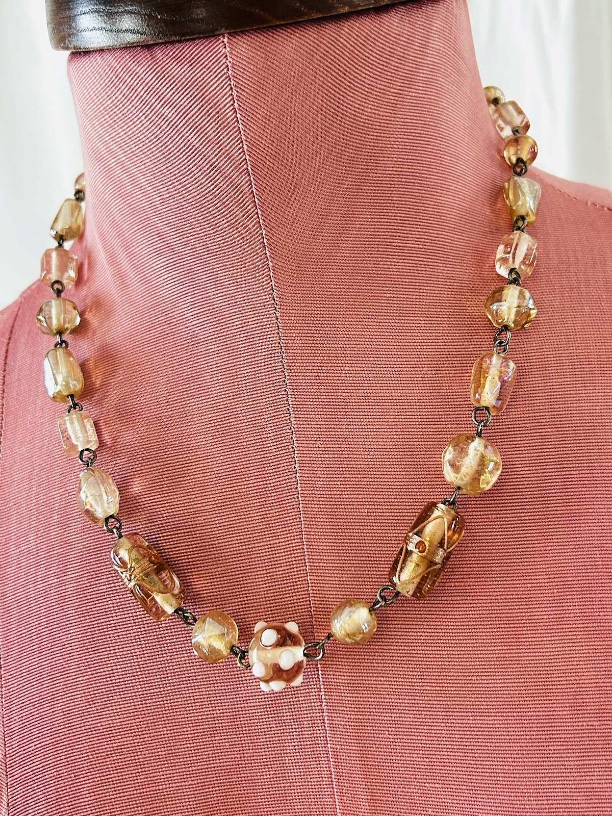 Vintage Wire Wrapped Peach Champagne Art Glass Bead Chain Necklace 20″ 50g