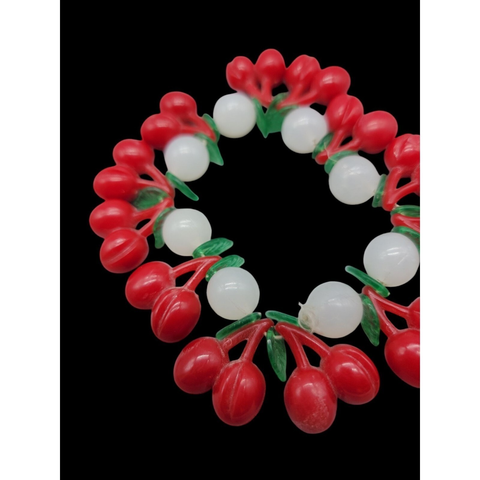 Lucite Cherry 34″ Necklace & 7″ Stretch Bracelet Red Cherries Translucent Beads