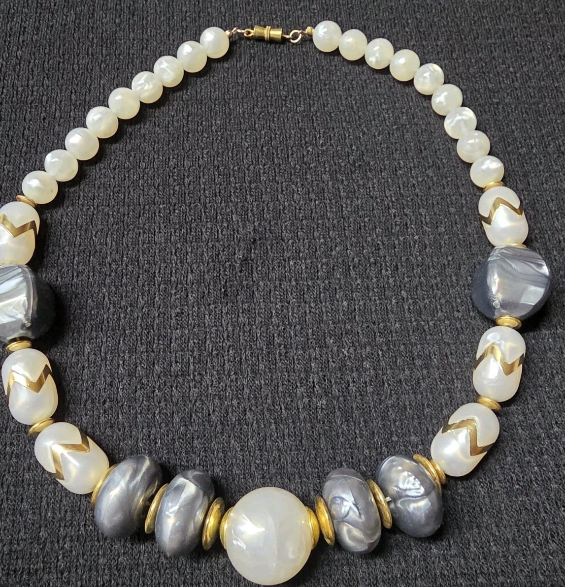 Vintage Chunky Faux Pearl And Gray Agate w/Gold Spacers and Embellishments 23″