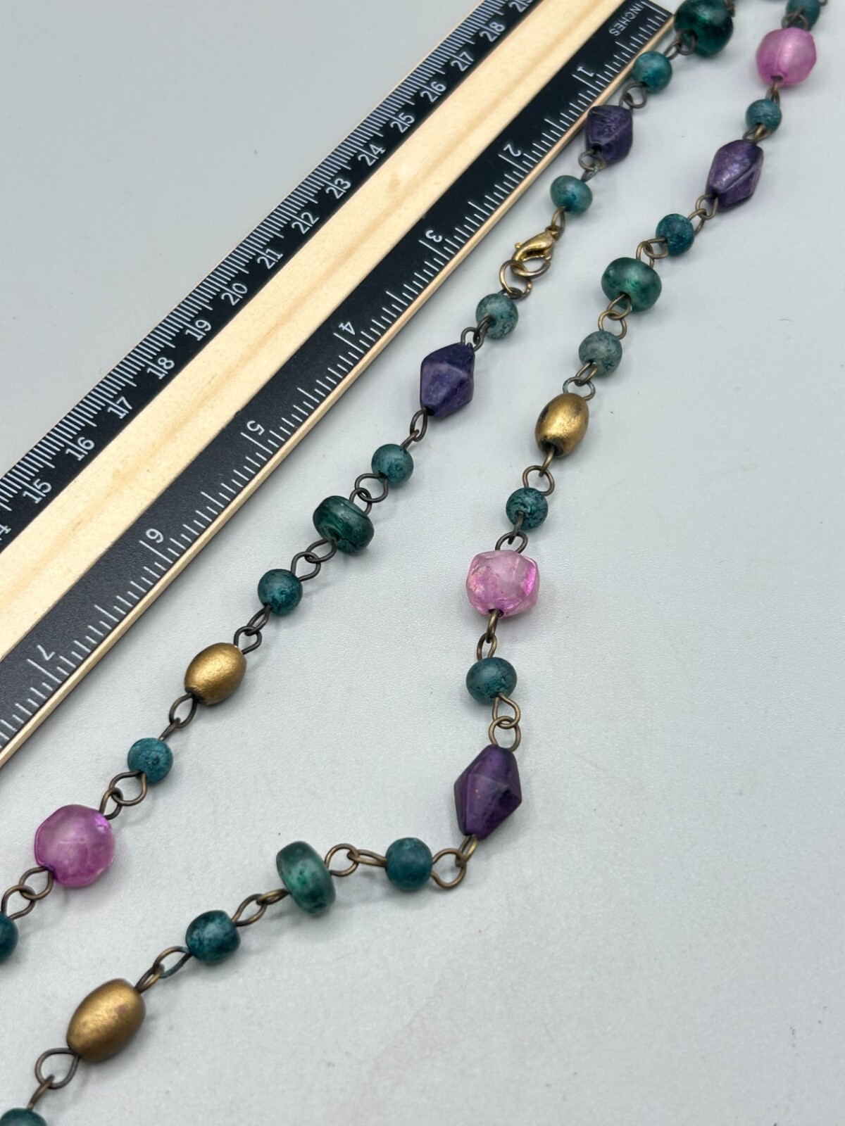 Purple Blue And Pink Pressed Glass Beaded Necklace Dyed Beads 30″ Long Single St