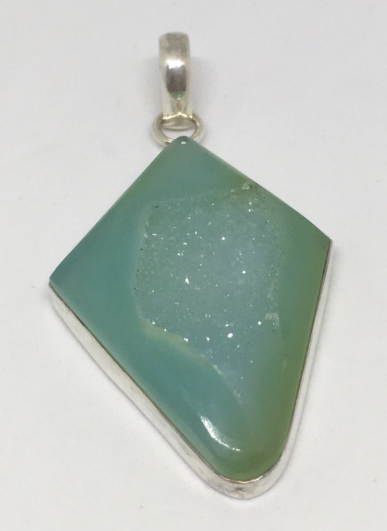 Natural Green Geode Pendant Polished Edges w/ Crystals in Sterling 15.9 grams