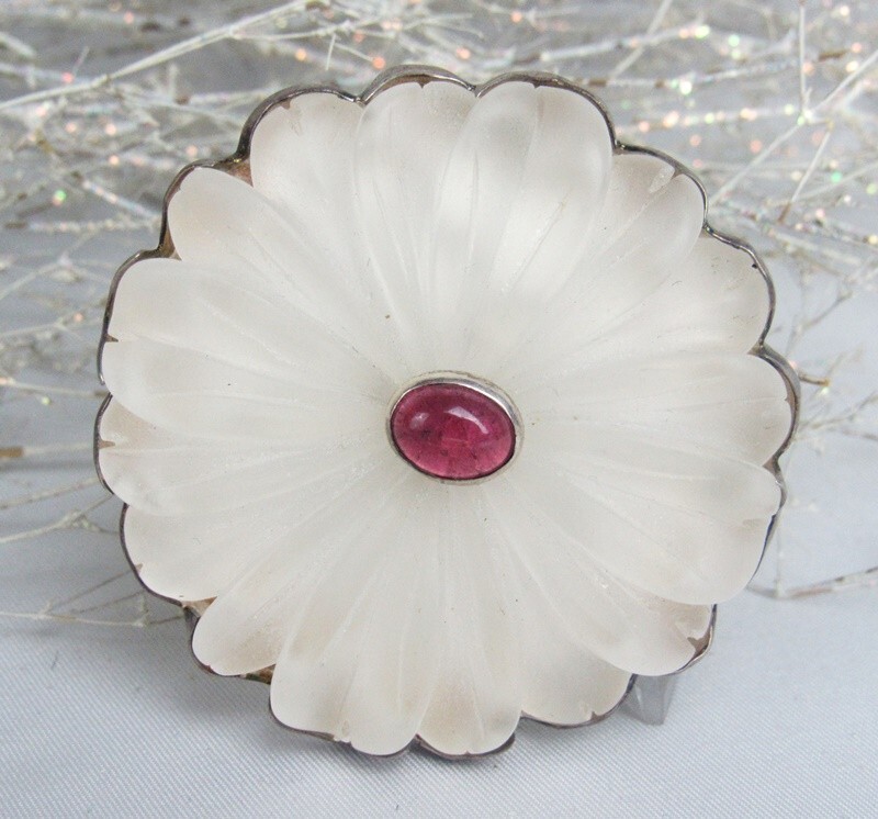 Vintage Amy Kahn Russell Frosted Glass Sterling Silver Flower Brooch Pin Pendant
