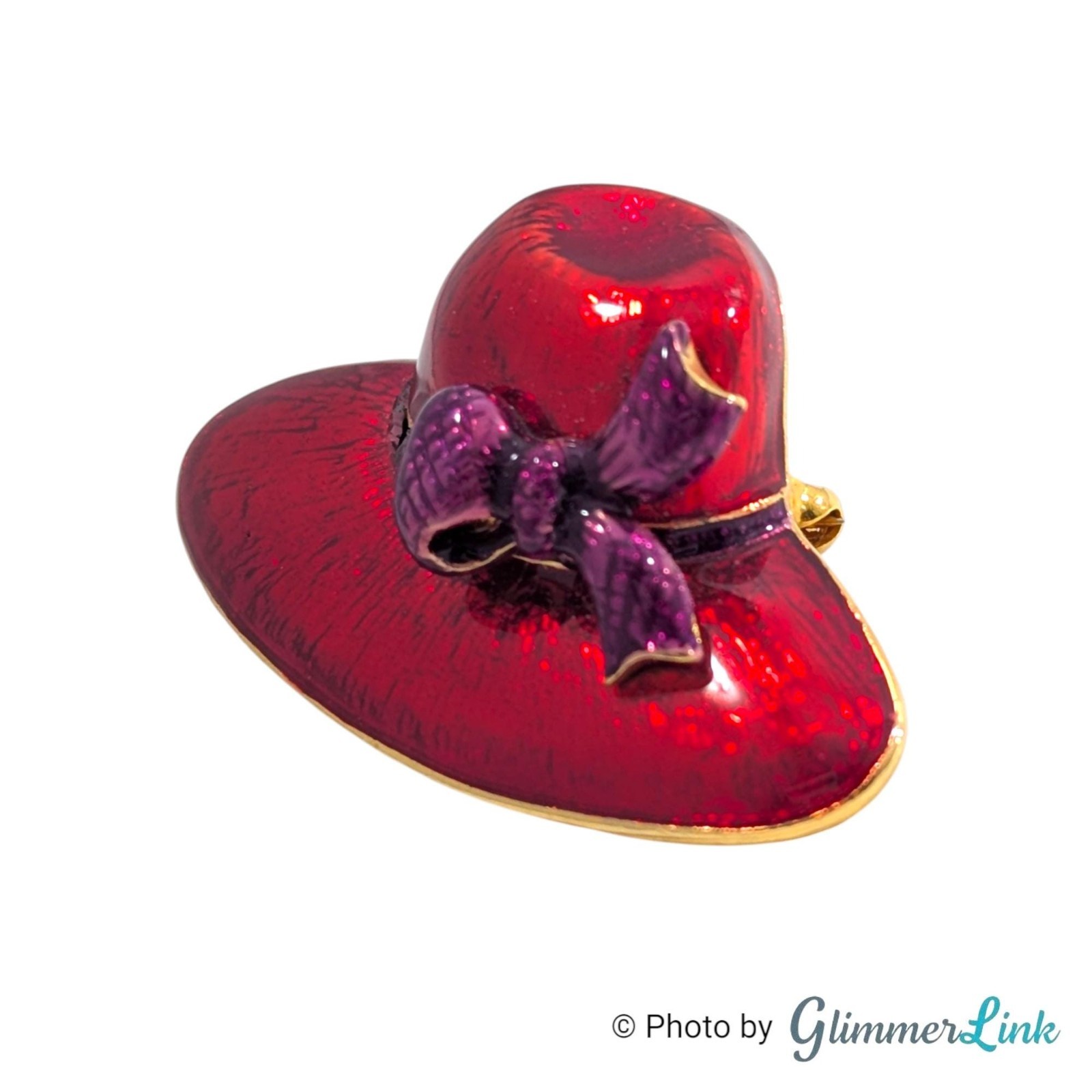 Vintage Red Enamel Hat Brooch Pendant Purple Bow Rhinestones Gold Tone