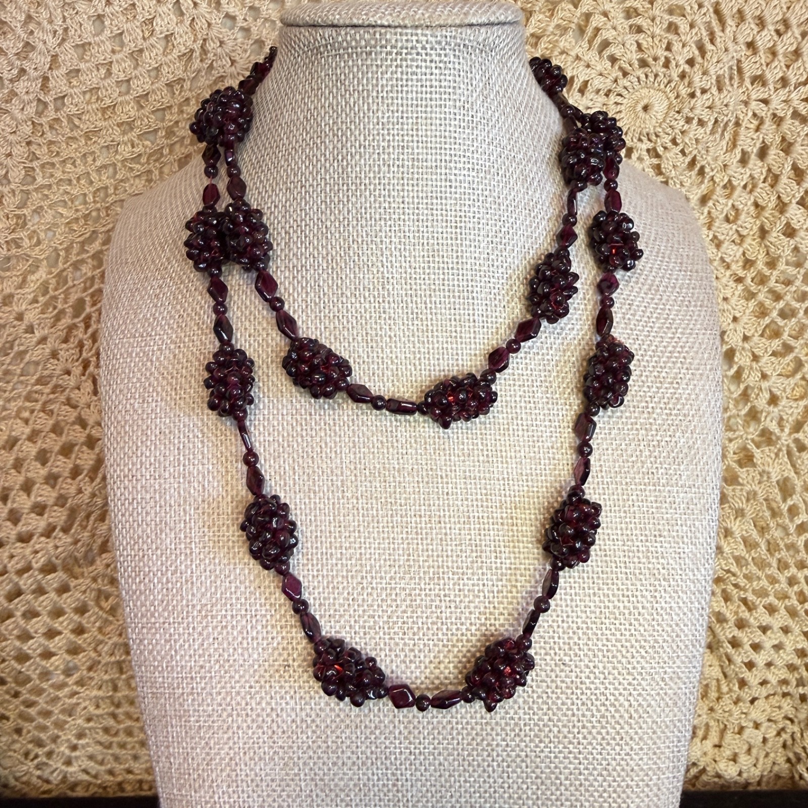 Vintage Garnet Grape Cluster Beaded Necklace 18″ Hang Continuous No Clasp