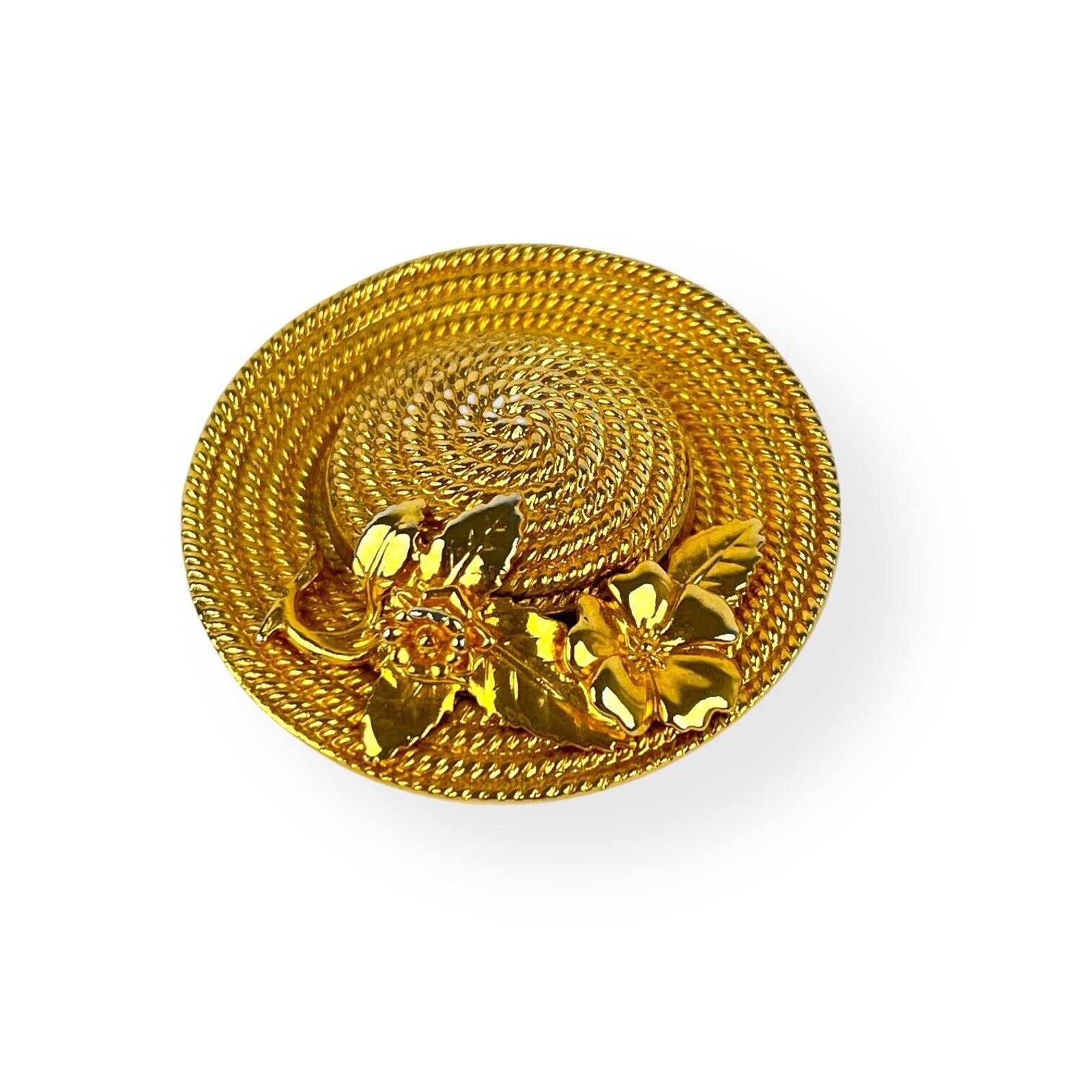 Brooch Sun Hat Gold Tone Pin Textured Shiny Spring Garden Flowers Fashion Vtg