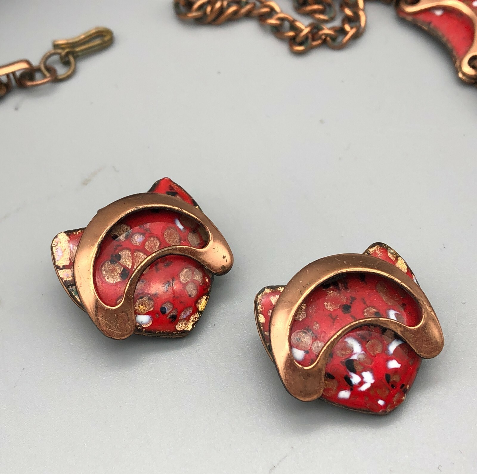Vintage MCM Matisse Red Spotted Enamel w/Copper Overlay Necklace & Earrings Set