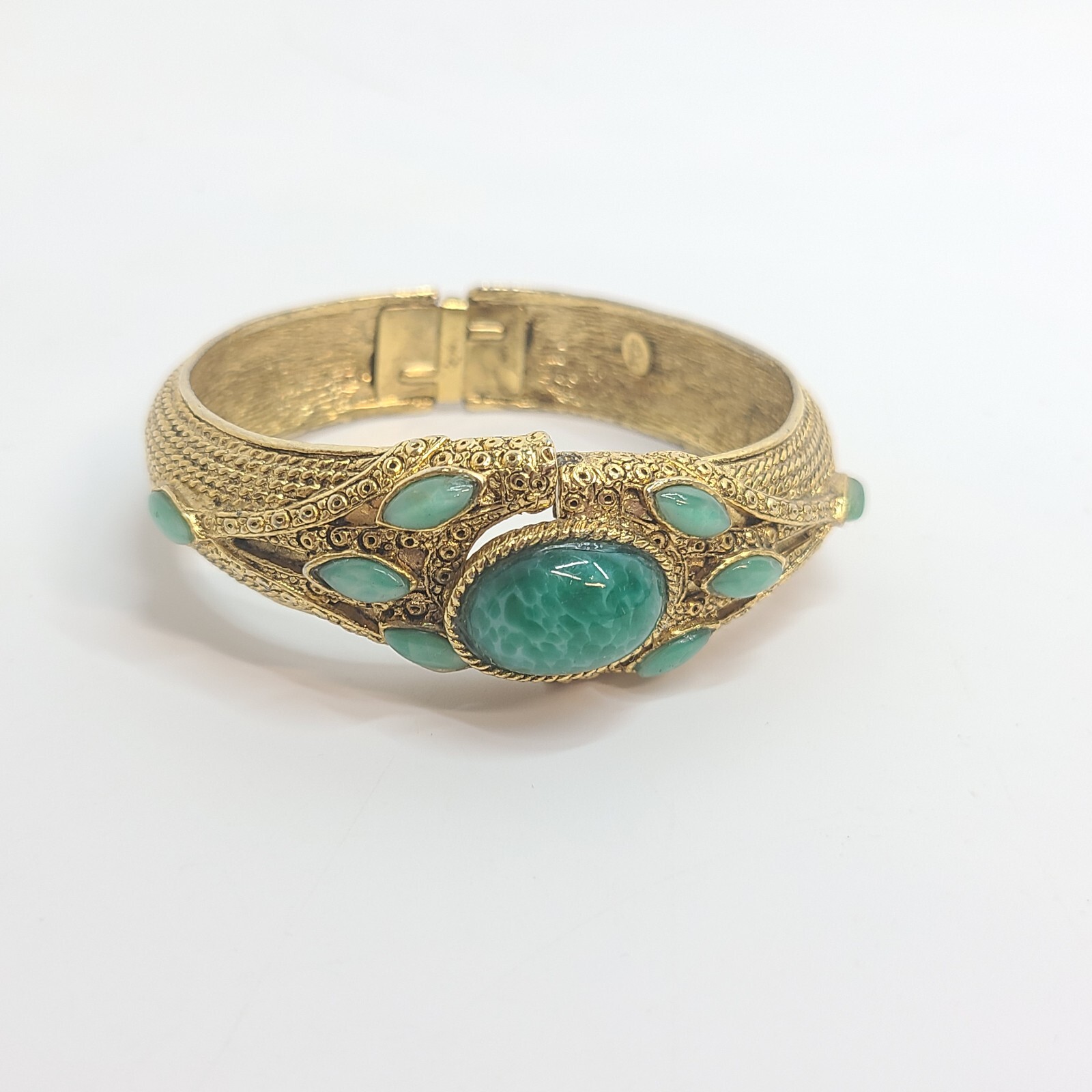 Gorgeous Vintage Hobe Bracelet Green Poured Glass Rhinestone Gold Tone Finish