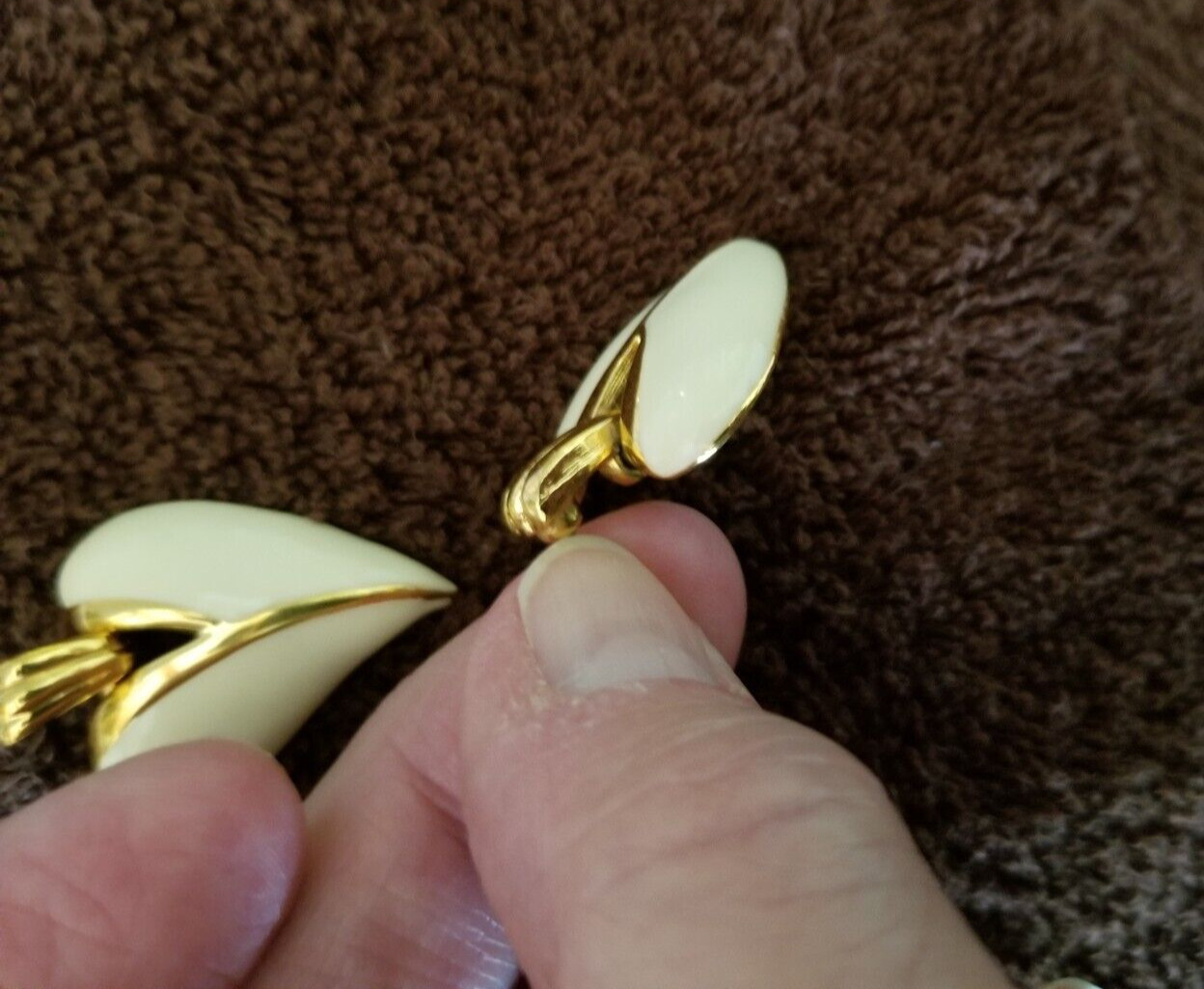 Vintage Ivory and Gold Enamel Retro Stud Earrings Signed JS