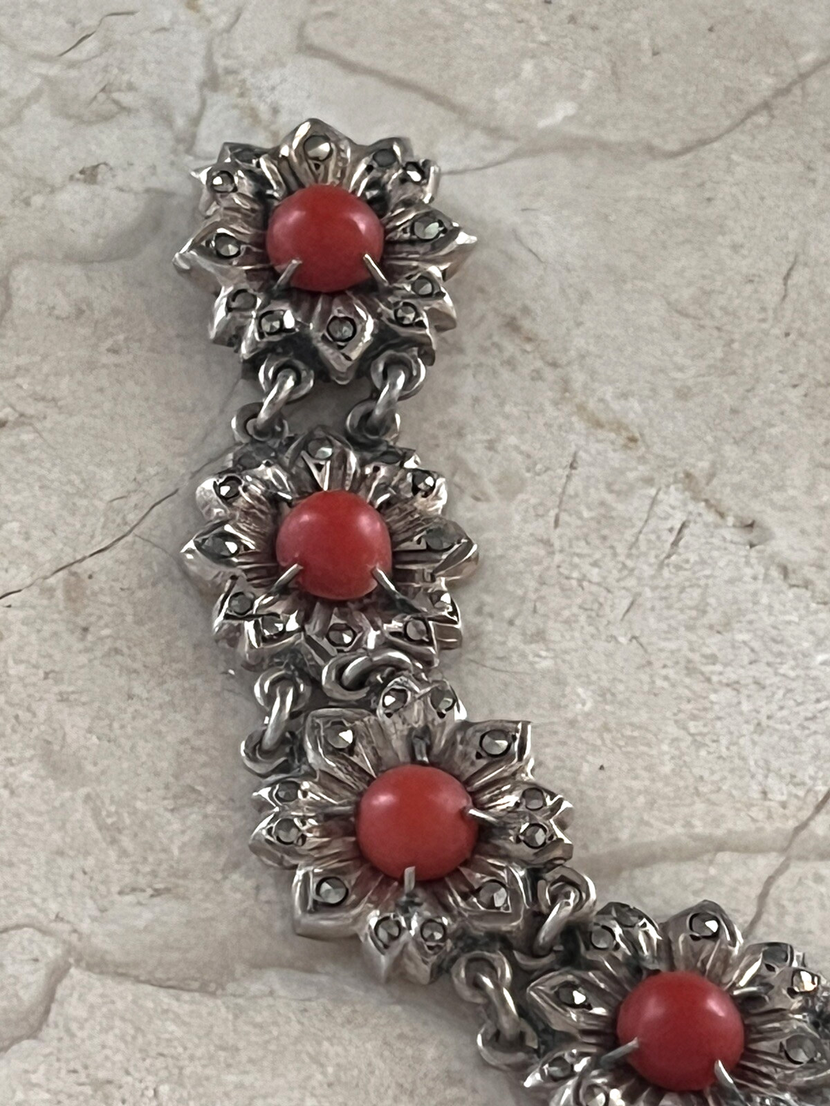 Antique Victorian 900 Silver Marcasite & Coral Link Flower Bracelet