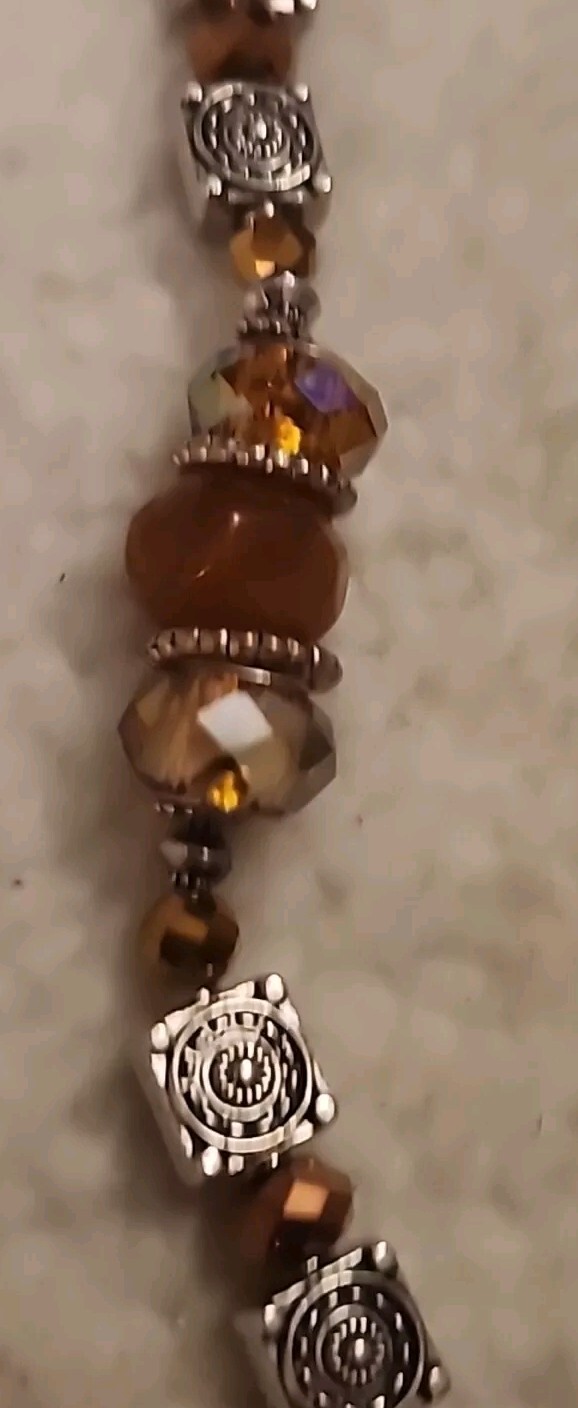 Vintage Metal & Agate Stone BOHO With Amber AB beaded Necklace 18”
