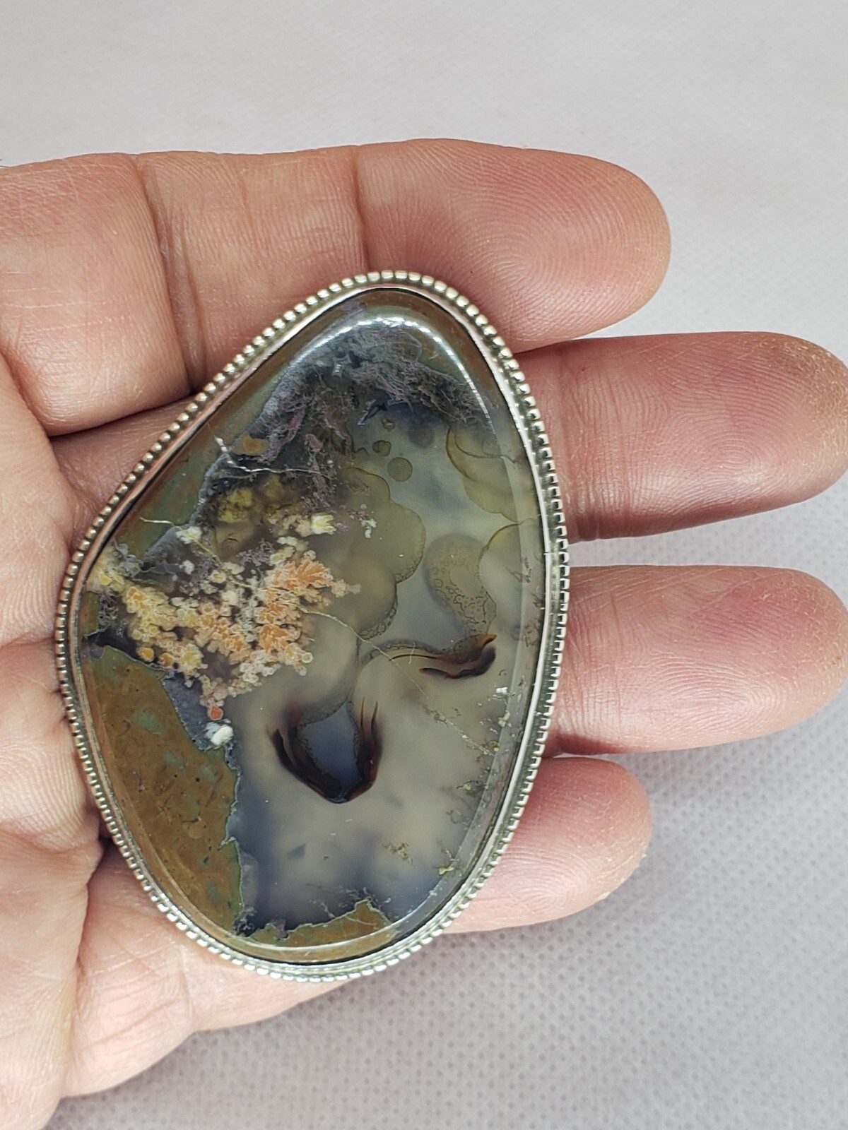Large Vintage Sterling Silver Solid Moss Agate Brooch Pin or Pendant- 50.1 Grams