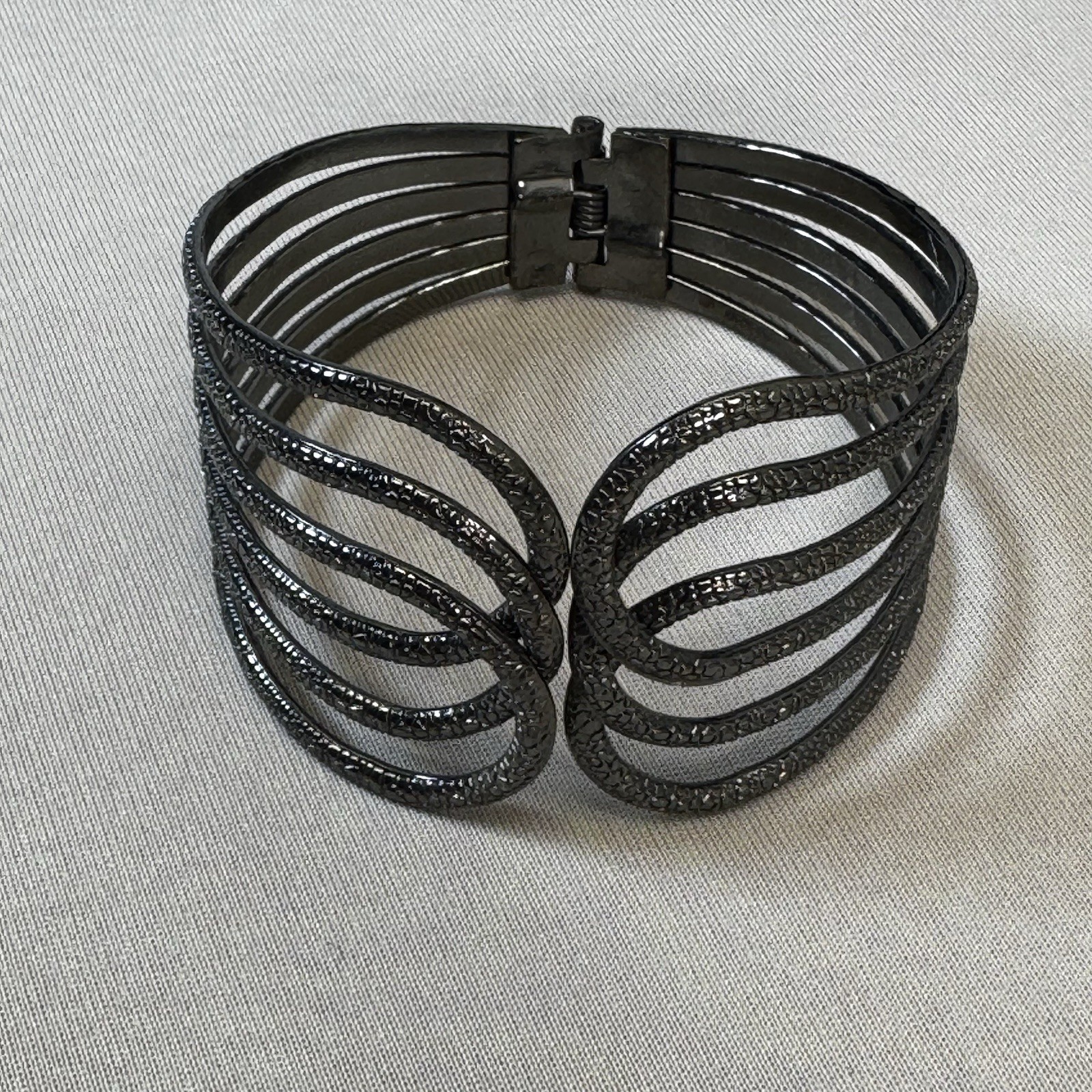 Vintage Grey Metal Scalloped Front Opening Hinged Cuff Bracelet