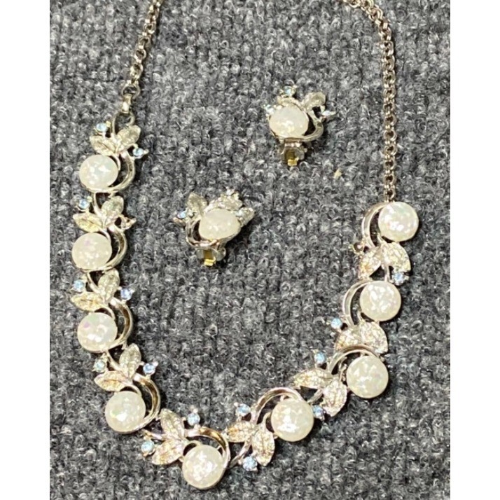 Vintage Silver Tone Necklace and Clip On Earrings White AB Iridescent Rhinestone