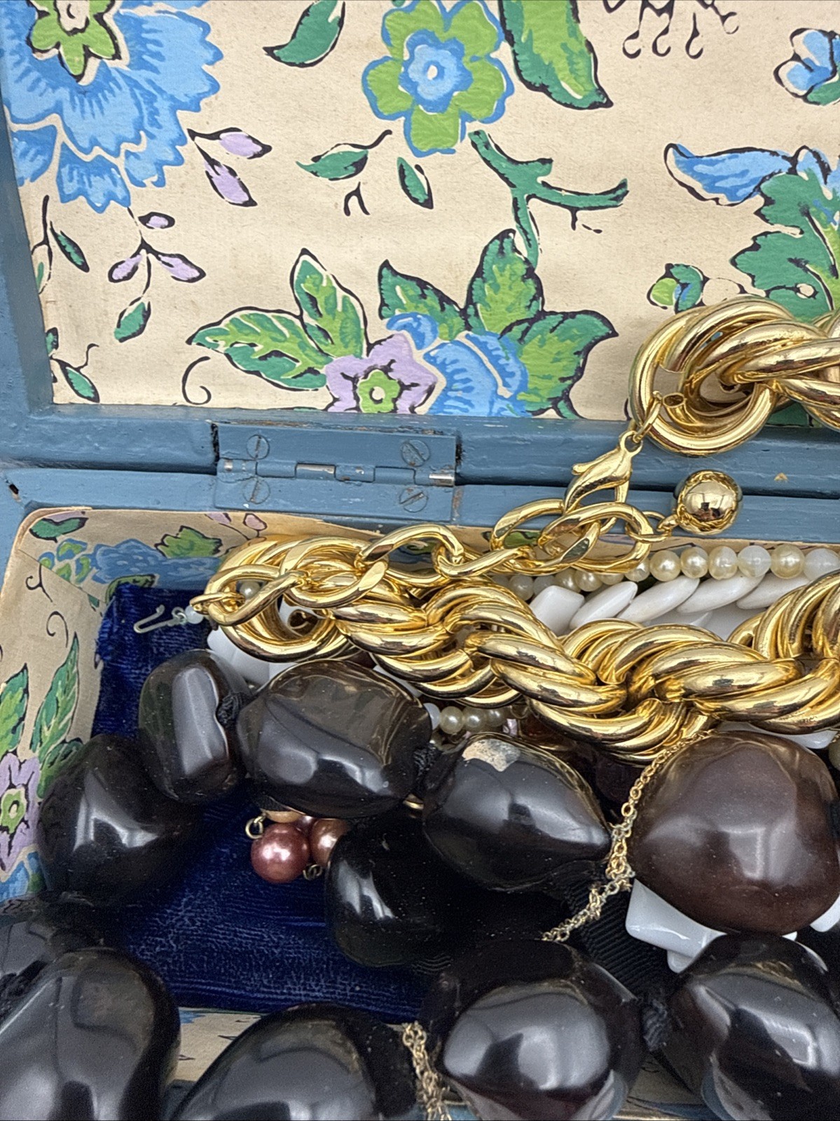 Vintage Wooden Box Blue & White with Hand Painted Horse filled with Jewelry