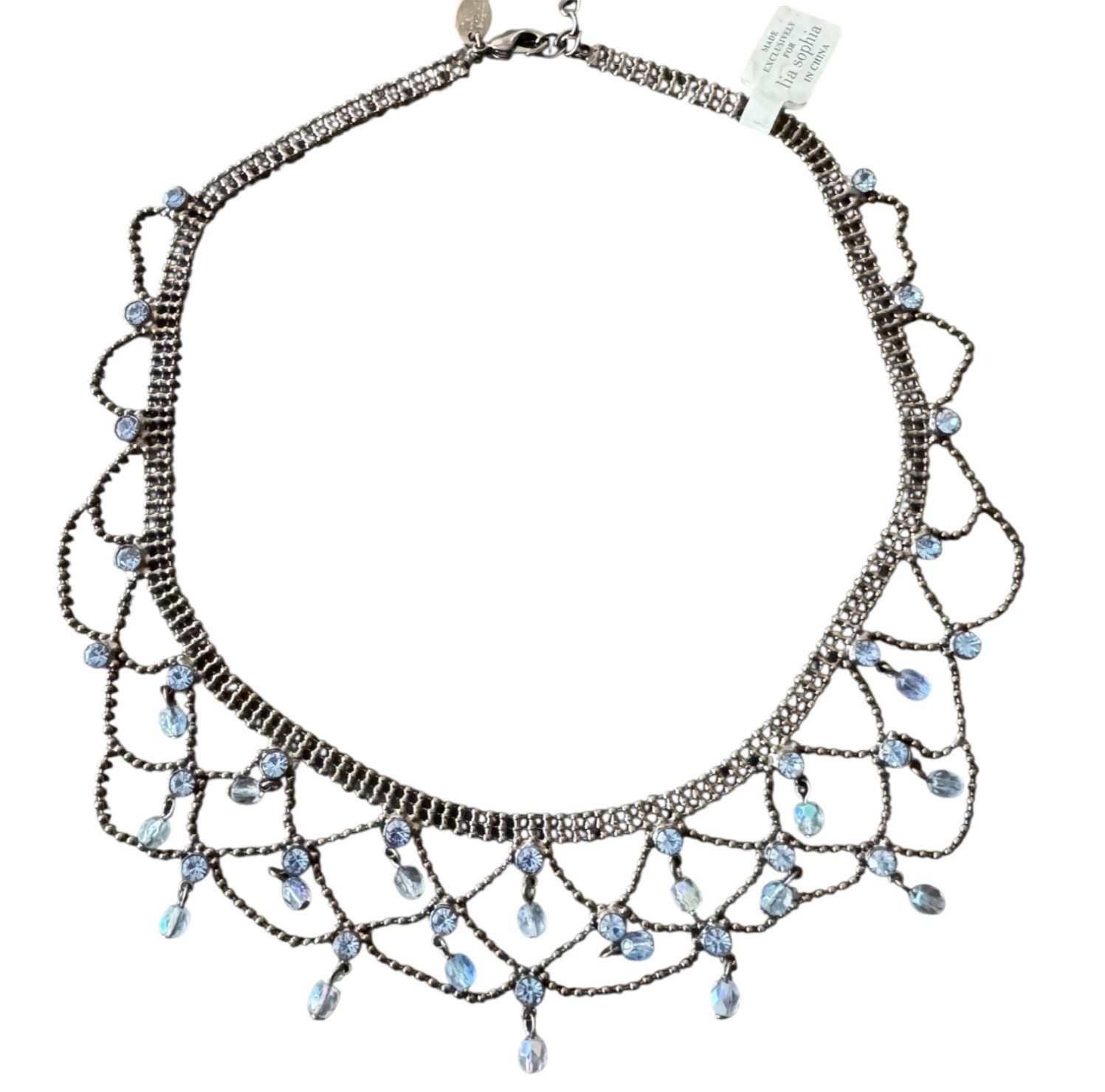 Y2K Lia Sophia Blue Rhinestone Lace Bib Choker Necklace Coquette Bead Fringe