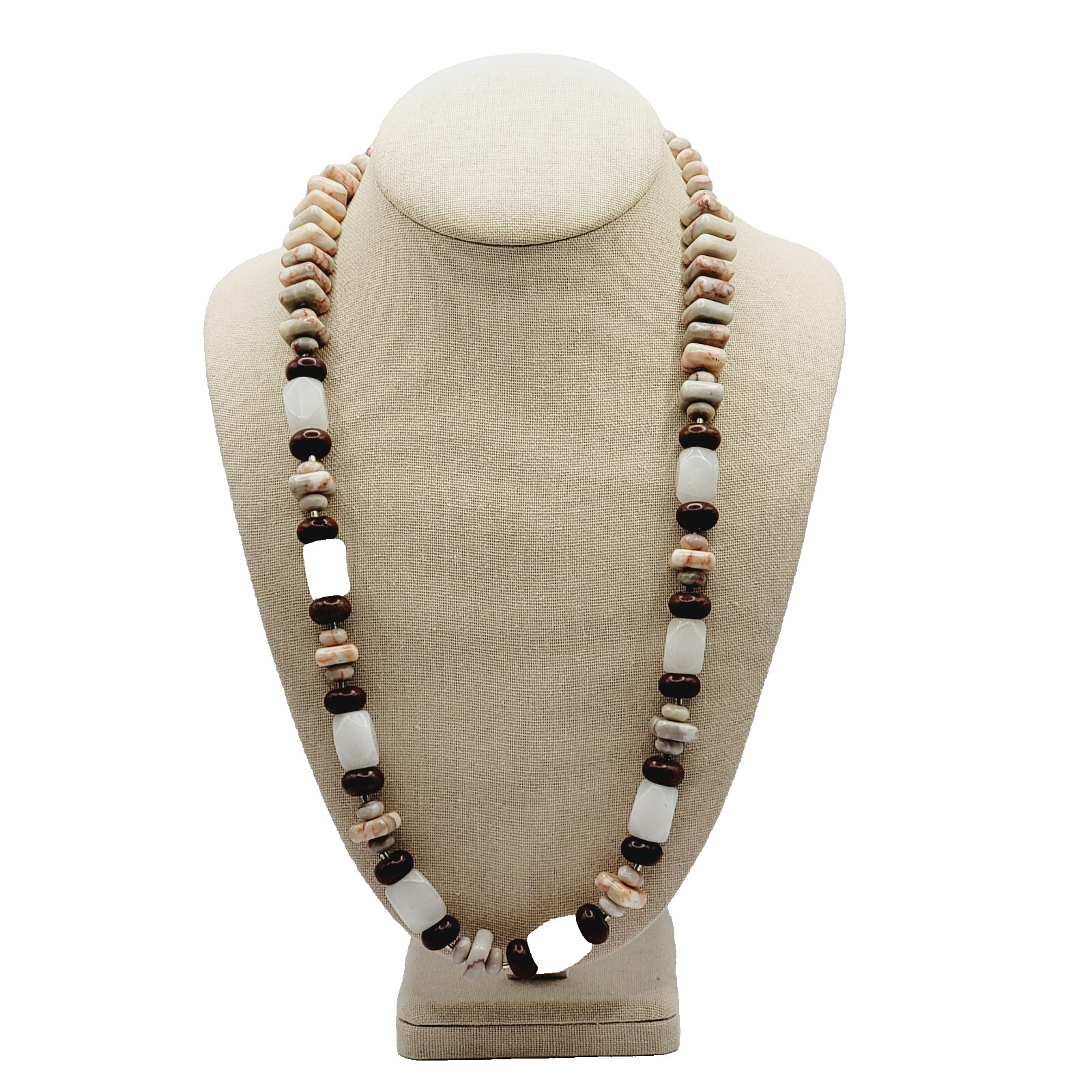 Southwest Style Crafted Brown Hued Jasper with White Quartz Silver Tone Necklace