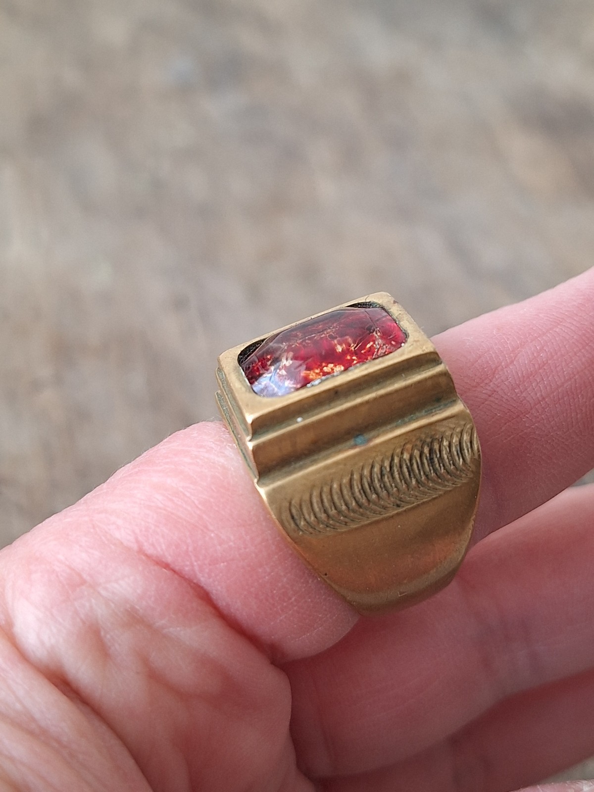 Soviet Prison Art Ring, USSR Inmate Folk Art, Plexiglass Brass Signet Ring