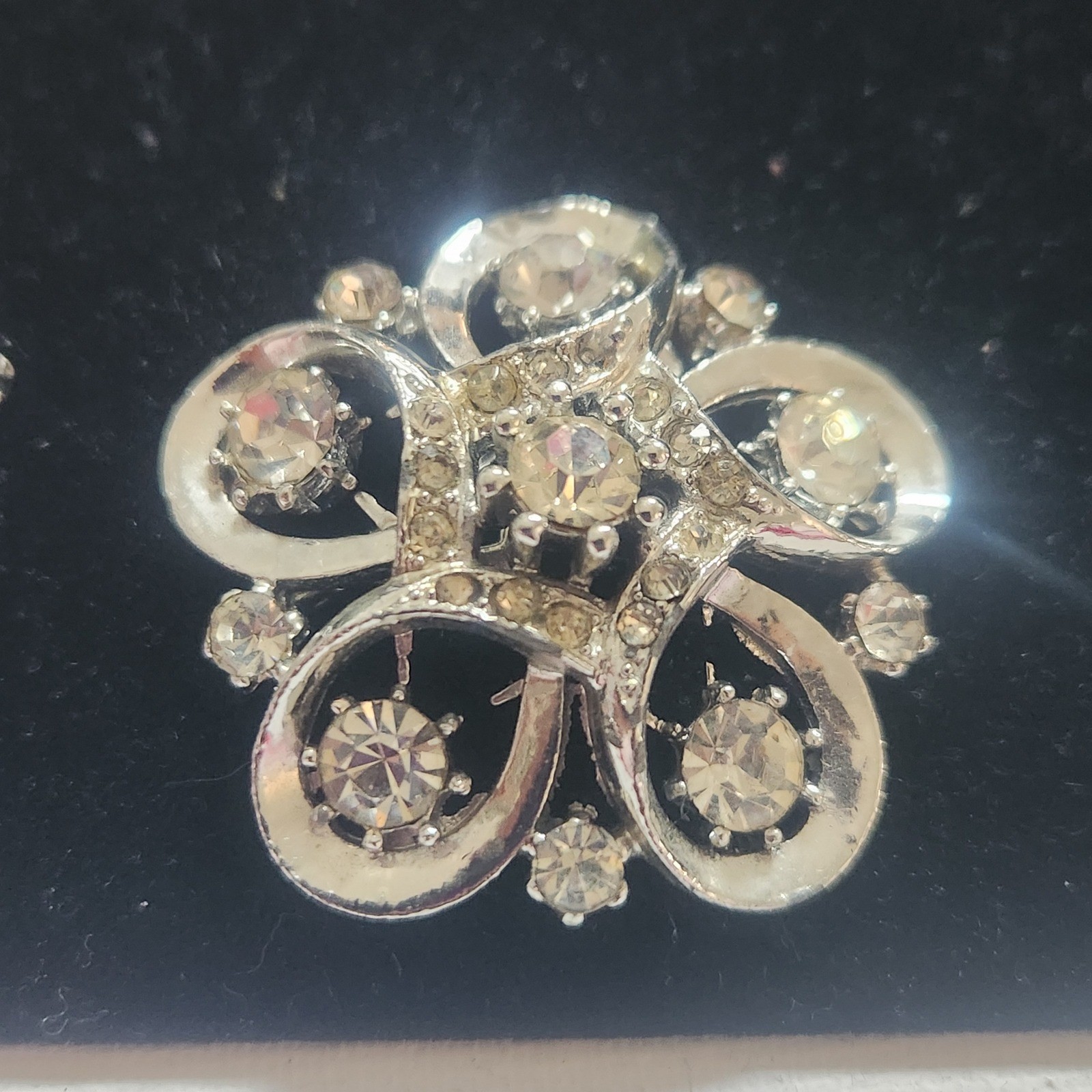 Vintage Rhinestone Brooch and Austria Clip On Earrings Set Silver Tone Floral