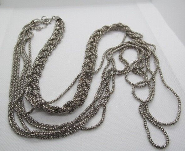 Vintage Popcorn 5 Stand Silver Tone Braided Graduated Layer Chain Necklace