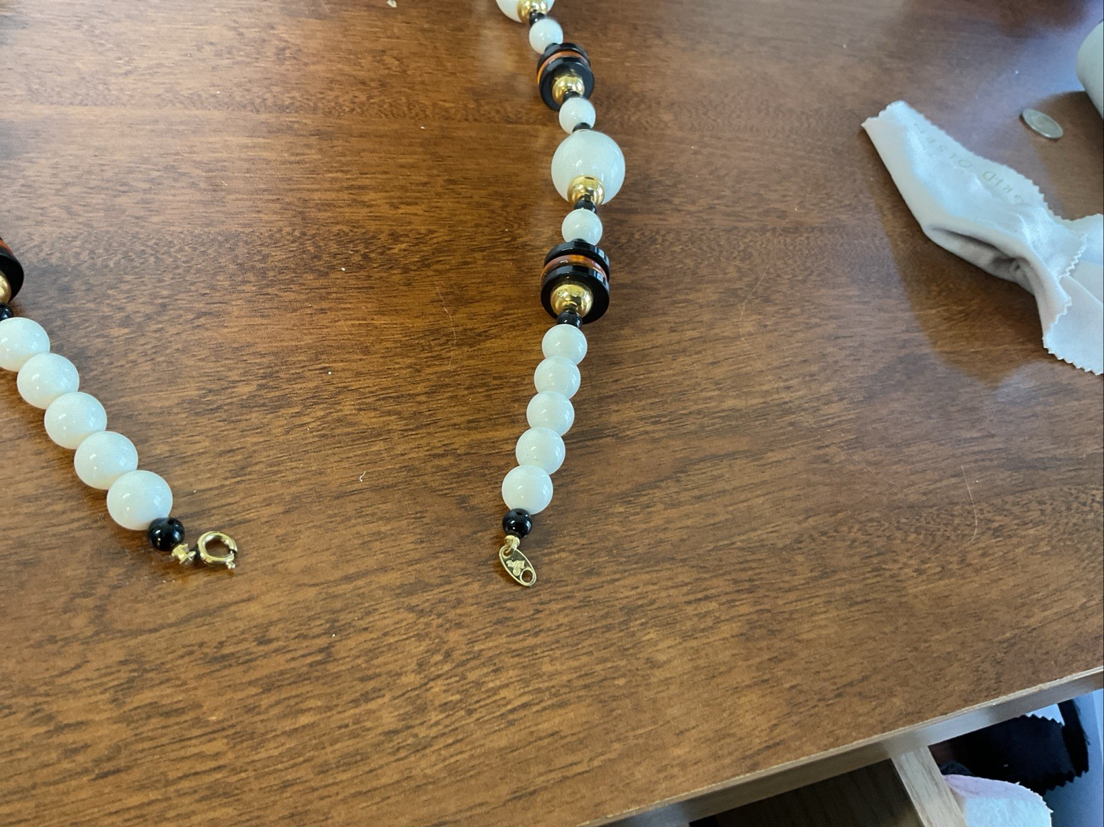 Vintage Trifari Gold Tone Cream Black Orange Plastic Beaded Statement Necklace G