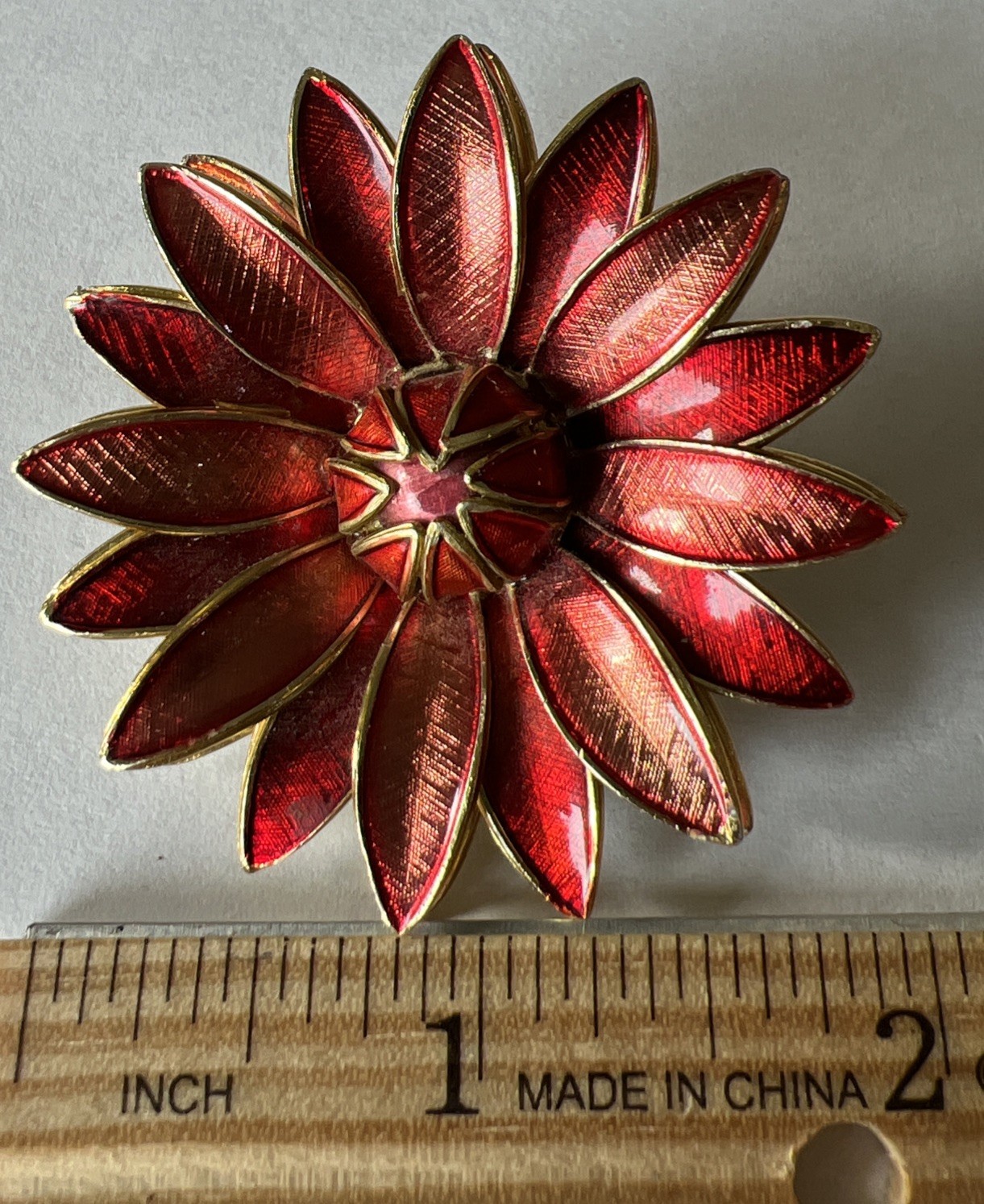 Red Flower Layered Brooch Iridescent Petals Gold Trimmed 2” P