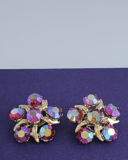 AURORA BOREALIS PURPLE BLUE PINK HUES FLOWER CLIP-ON EARRINGS-1.25″ DIAMETER