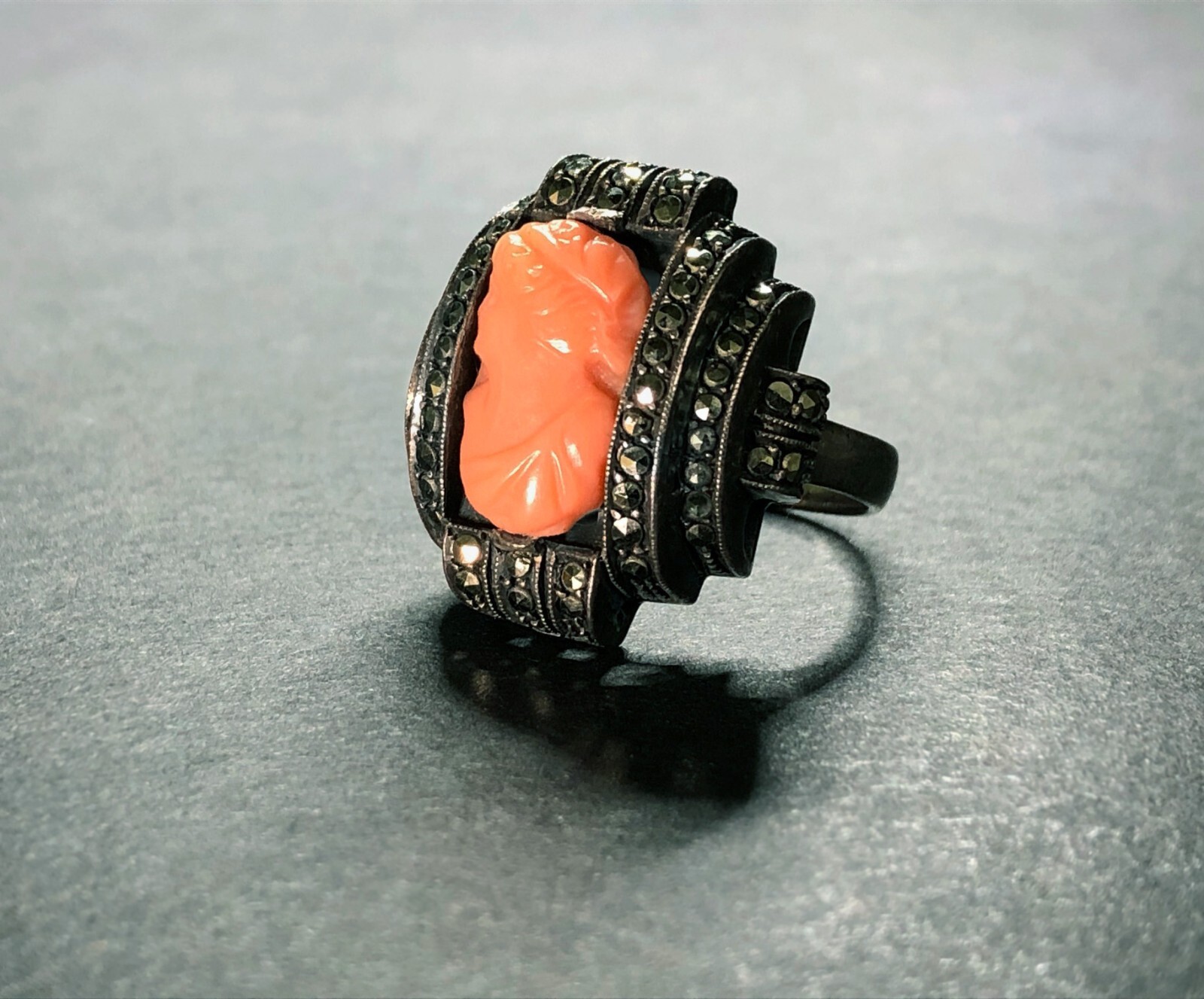 HEIRLOOM Antique EARLY VICTORIAN CORAL CAMEO Sterling Silver, Marcasite. German