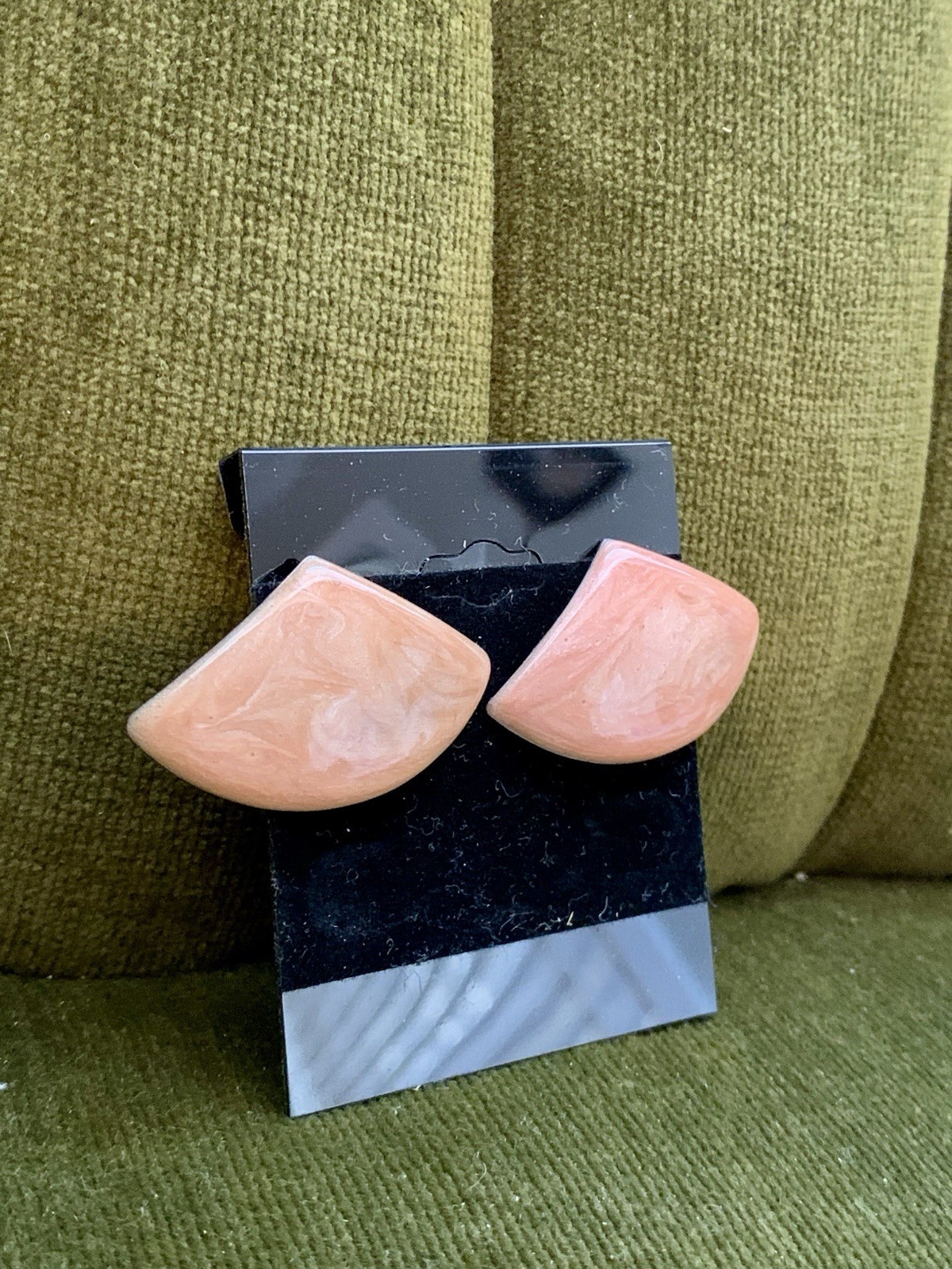 Vintage Peach Shimmer Geometric Enamel Statement Stud Earrings Gold Tone Metal