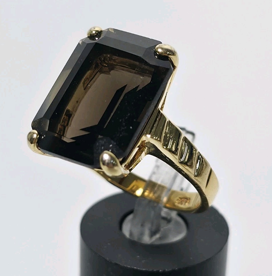 Vintage SETA Gold Plated Emerald Cut Smoky Quartz Statement Ring Size 7.75 (J2)