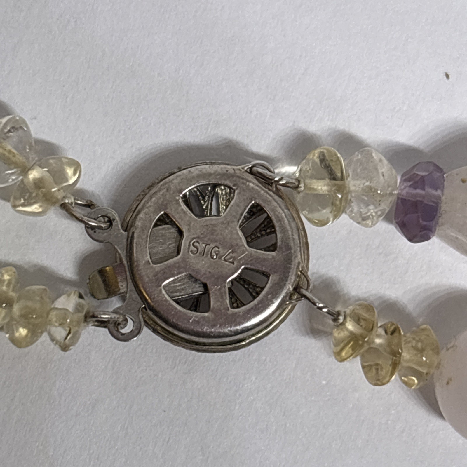 Multi-Gemstone 2-Strand Necklace Carved Jade Amethyst Sterling Silver STG 85g