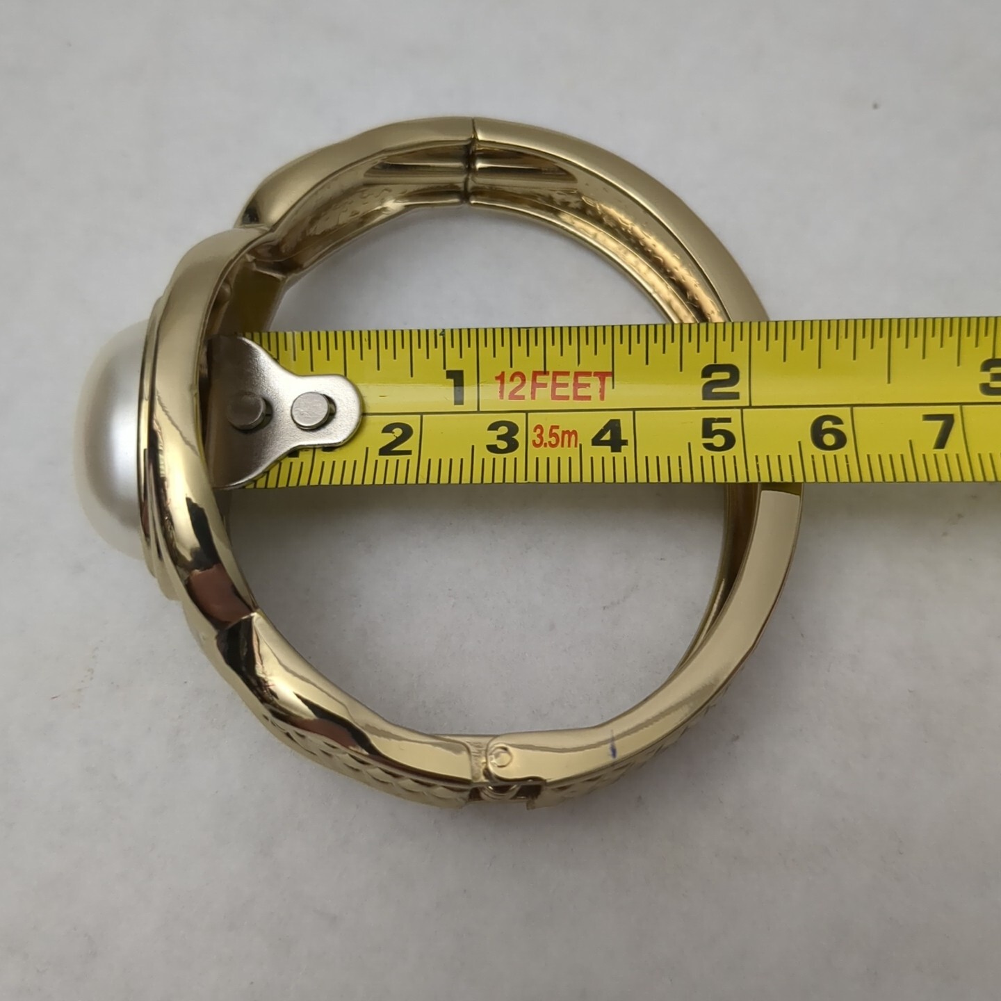Large Faux Pearl Gold Tone Bracelet 8 1/2″ around, 1 1/4″ wide, 2 1/4″ across