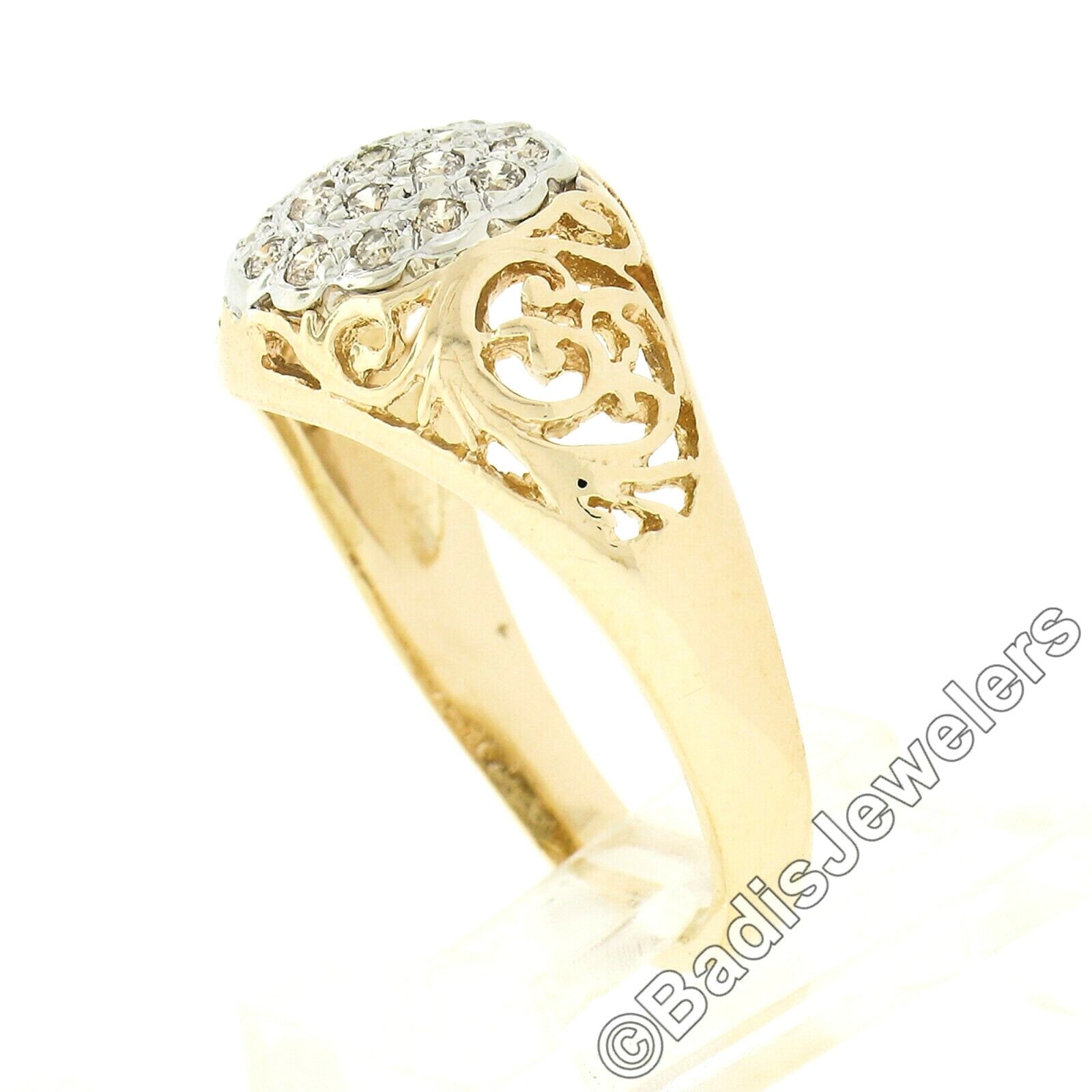 Vintage 14k TT Gold .35ct Round Pave Diamond Cluster Open Scroll Work Domed Ring