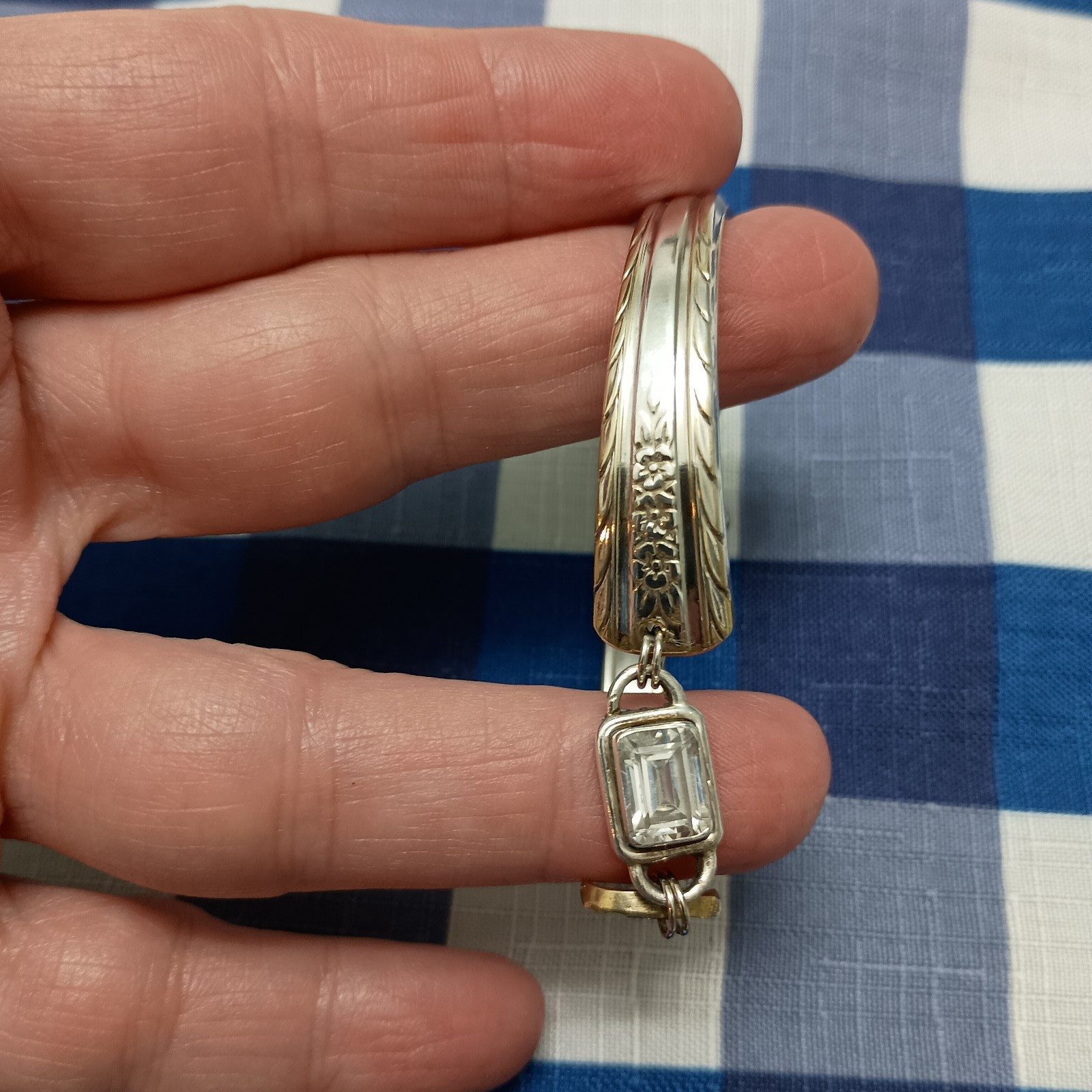 Vintage Holmes & Tuttle H&T Silverplate Spoon Bracelet Meadow Flower Clear Stone