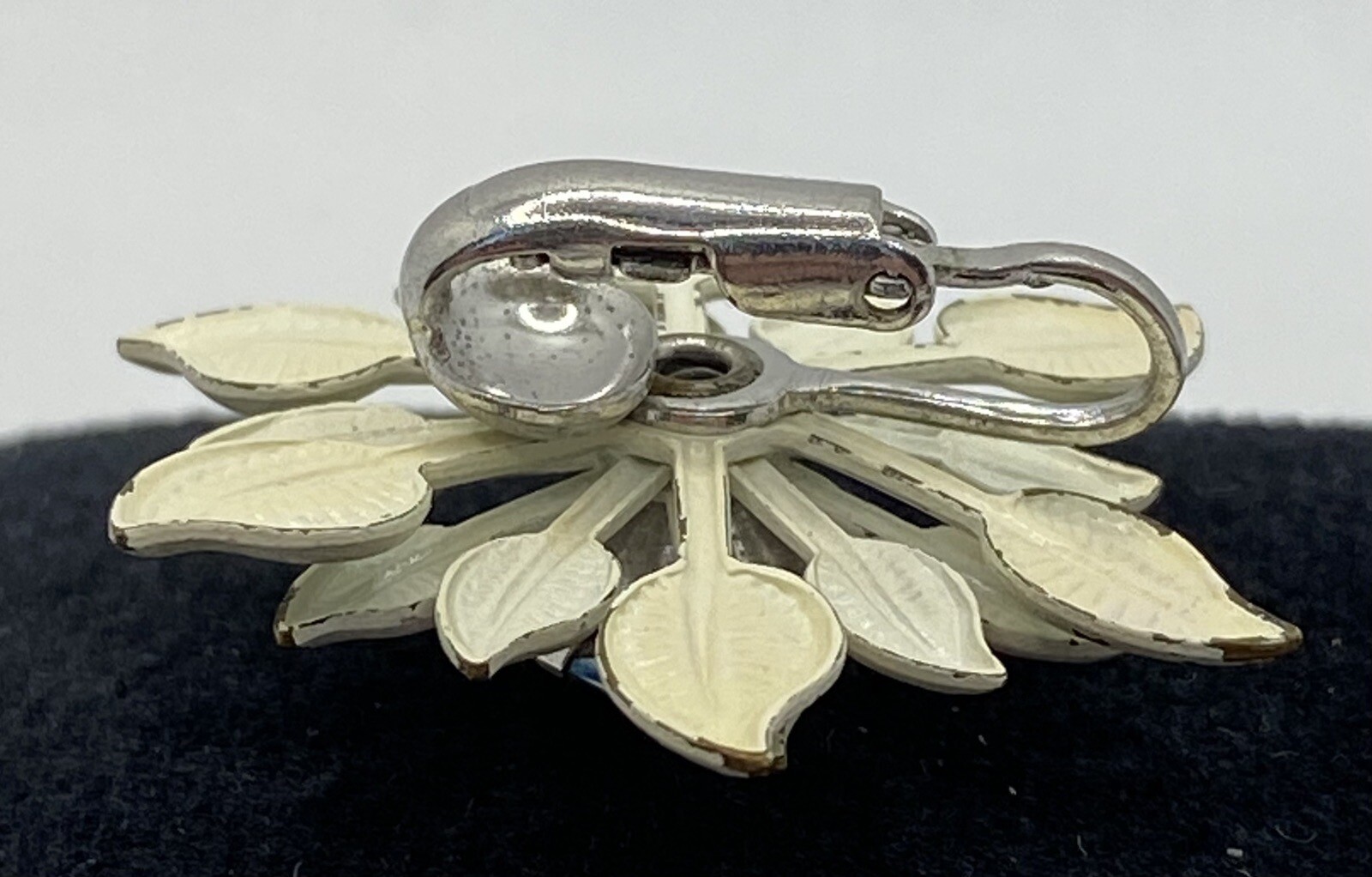 Vintage White Enamel Blue Topaz Rhinestone Flower Brooch & Clip-on Earring Set