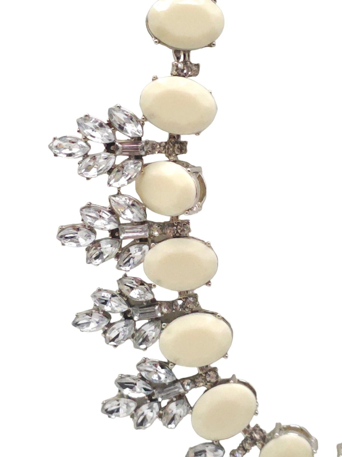 Cream Acrylic Marquise Crystal Statement Necklace Silver Tone Vintage