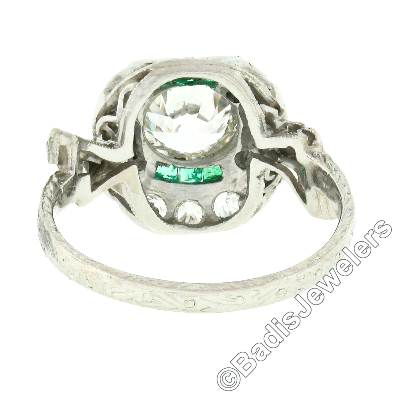 Antique Art Deco Platinum Old European Diamond & Emerald Ribbon Engagement Ring