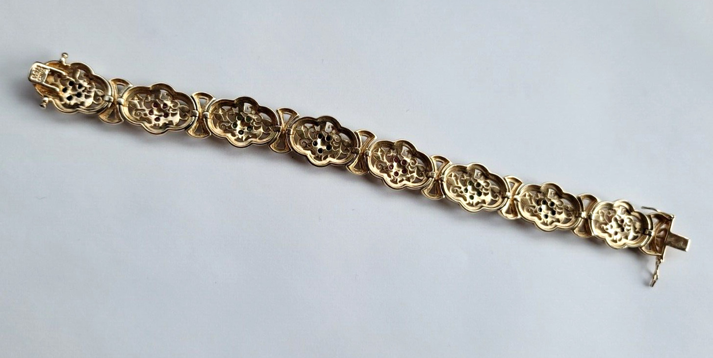 Sterling Ruby Sapphire Emerald Diamond Floral Link Bracelet 7 1/2″ 925 Gold Pltd