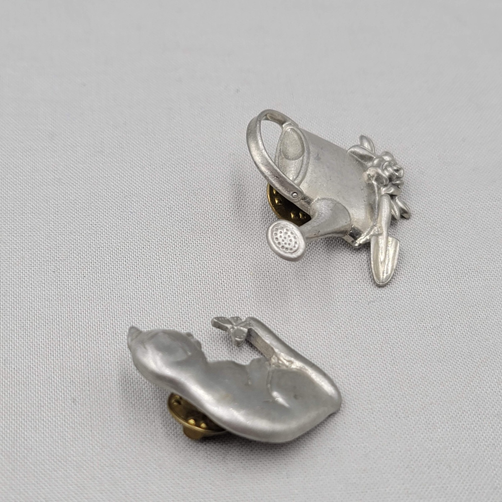 Vintage Pewter Brooch Kitty Cat Butterfly Gardening Silver tone Lot of 2 1.25″